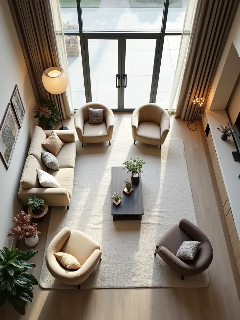An inviting living room showing optimal furniture layout, with a sofa and armchairs arranged to create clear pathways and a comfortable conversation zone. Features modern decor and soft, natural light, emphasizing functional design for easy flow.