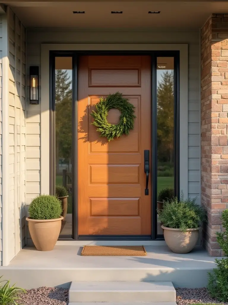 Portrait view of front door with proportionally scaled wreath and surrounding decor for balanced curb appeal