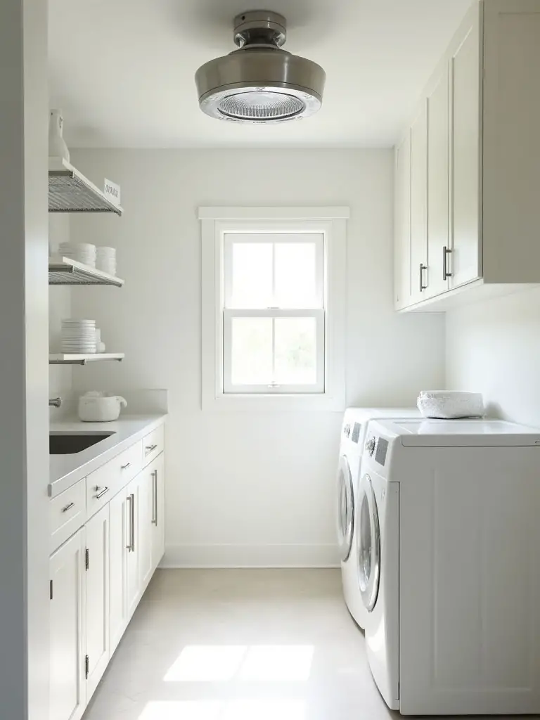 A modern mudroom laundry room with efficient ventilation systems, including a ceiling exhaust fan and properly vented dryer, designed to optimize airflow and prevent humidity.