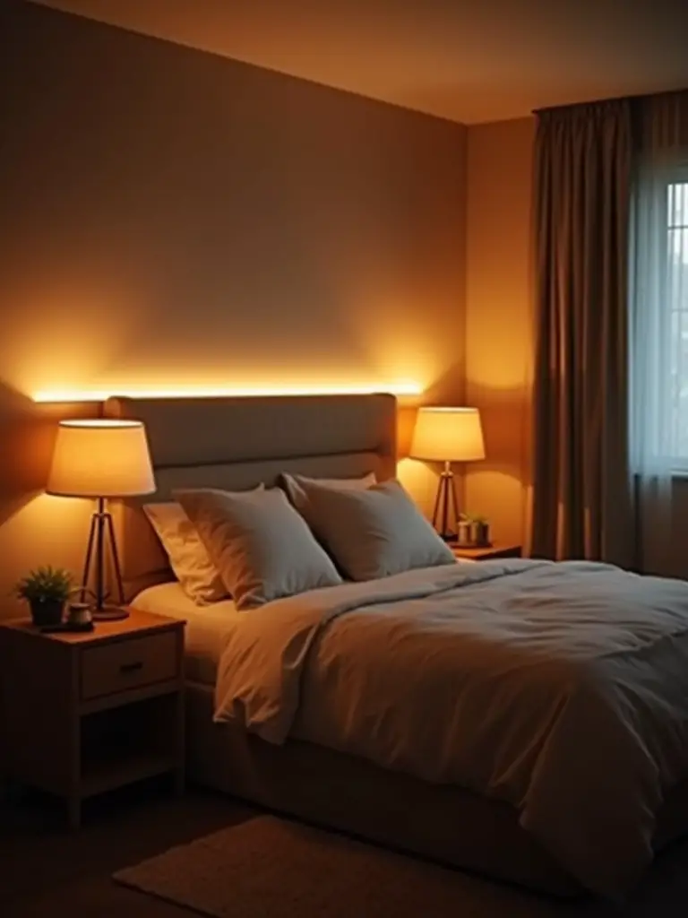 A cozy bedroom at night with multiple warm ambient lighting fixtures creating a soft, inviting glow and relaxing atmosphere.