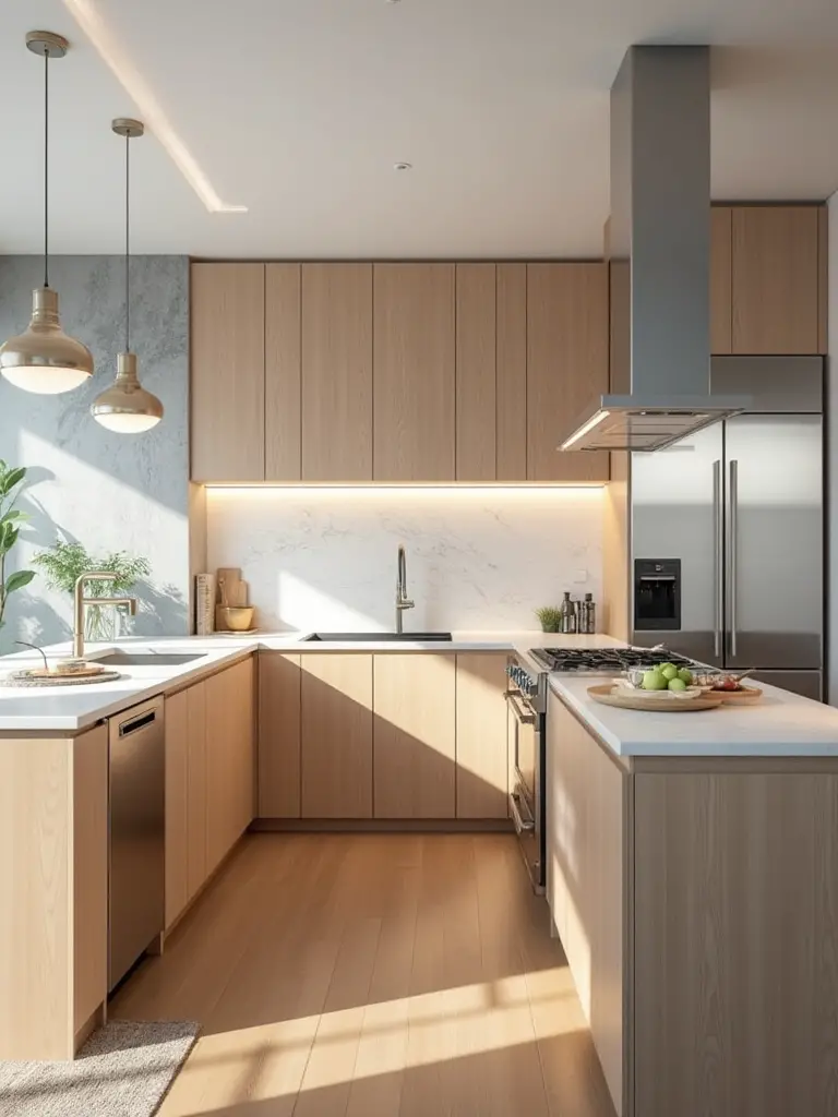 Portrait-style kitchen with layered CCT lighting showing warm ambient, neutral task, and cool accent lighting