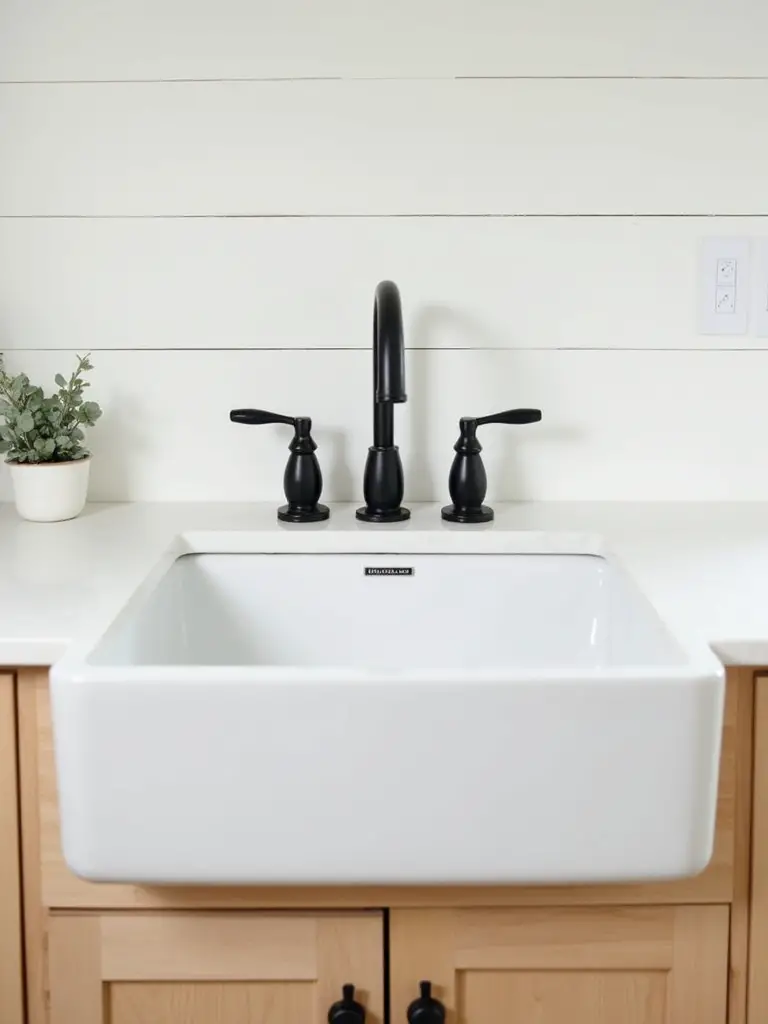 Farmhouse bathroom featuring a matte black widespread faucet and coordinating hardware on a light wood vanity, against white shiplap walls, illustrating rustic contrast.