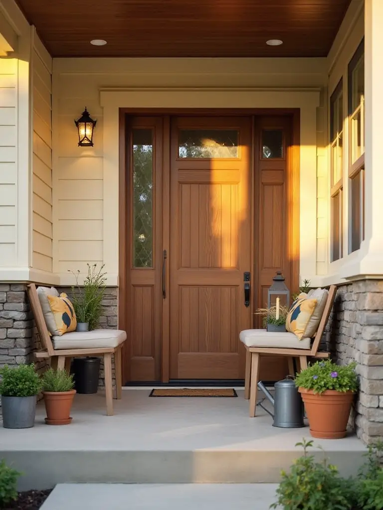 Portrait of a welcoming front porch with side tables and a bench near the front door