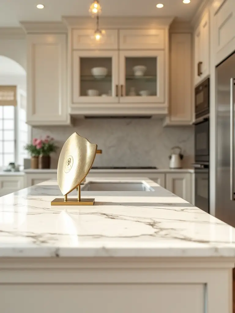 Luxurious modern kitchen interior with premium appliances and a subtle shield sculpture suggesting protection plans, no people