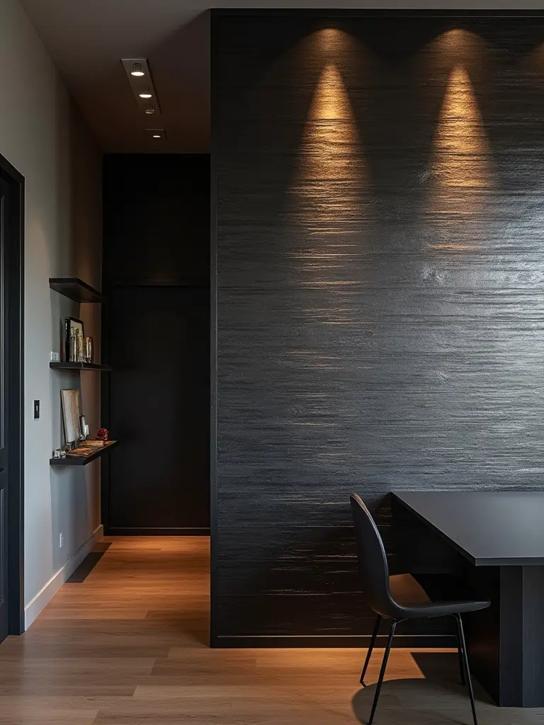 Dining room accent wall with strategic grazing lights highlighting deep charcoal shiplap texture. Warm LED lighting enhances three-dimensionality and visual depth.