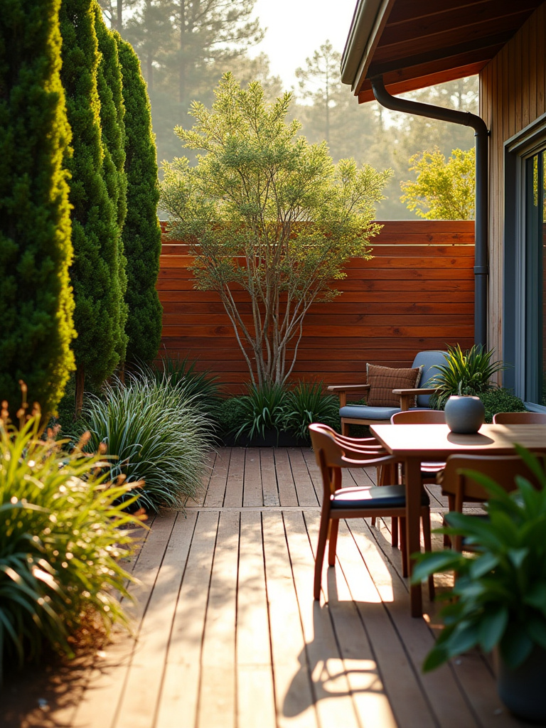 Deck with natural evergreen shrub privacy screen and modern vertical redwood slat panels, creating a secluded outdoor living area.