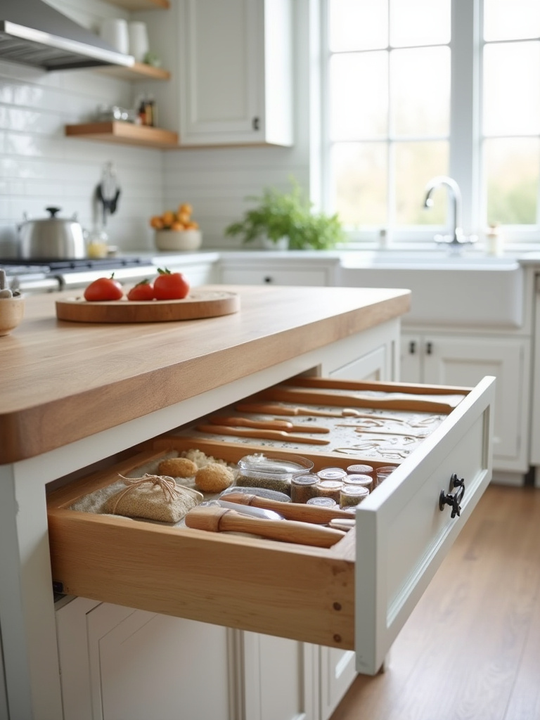 Organized farmhouse kitchen island drawers with wooden dividers for utensils and pull-out cabinet organizers, showing efficient storage solutions.