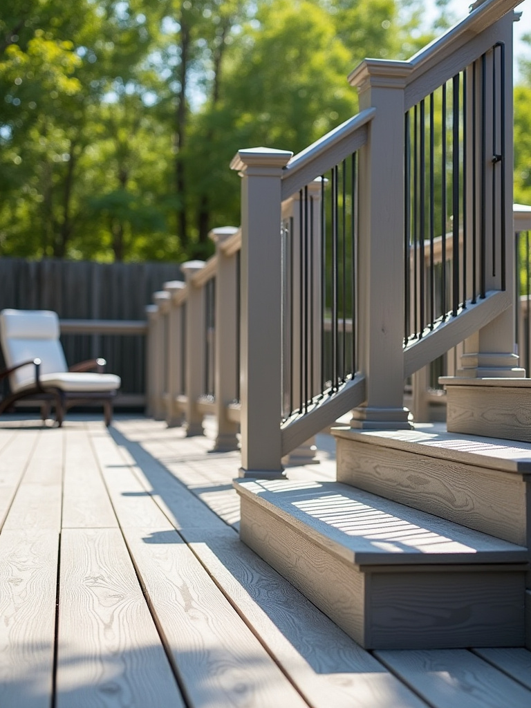 A close-up view of a modern deck showcasing a sturdy, code-compliant railing and textured, non-slip surfaces on the deck boards and stairs.