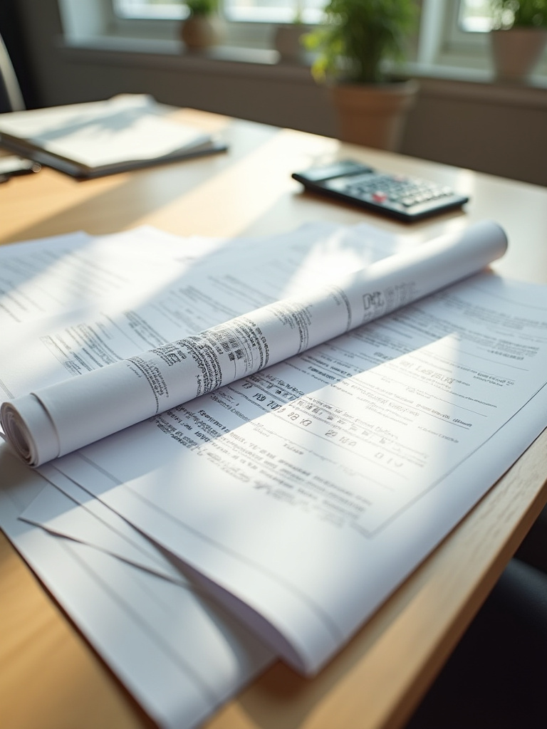 Neatly stacked building permit documents and blueprints on a clean desk, symbolizing thorough research for a small bathroom remodel project.