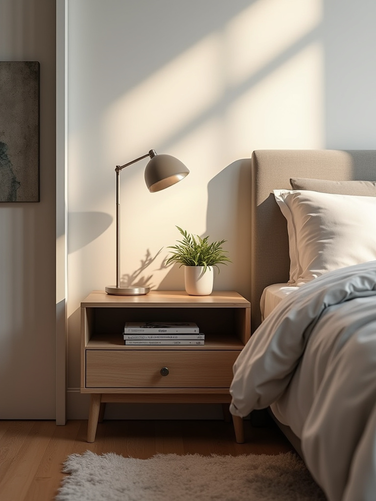 A modern bedroom nightstand made of wood with a drawer and open shelf, styled with a book, plant, and lamp, illustrating both utility and design