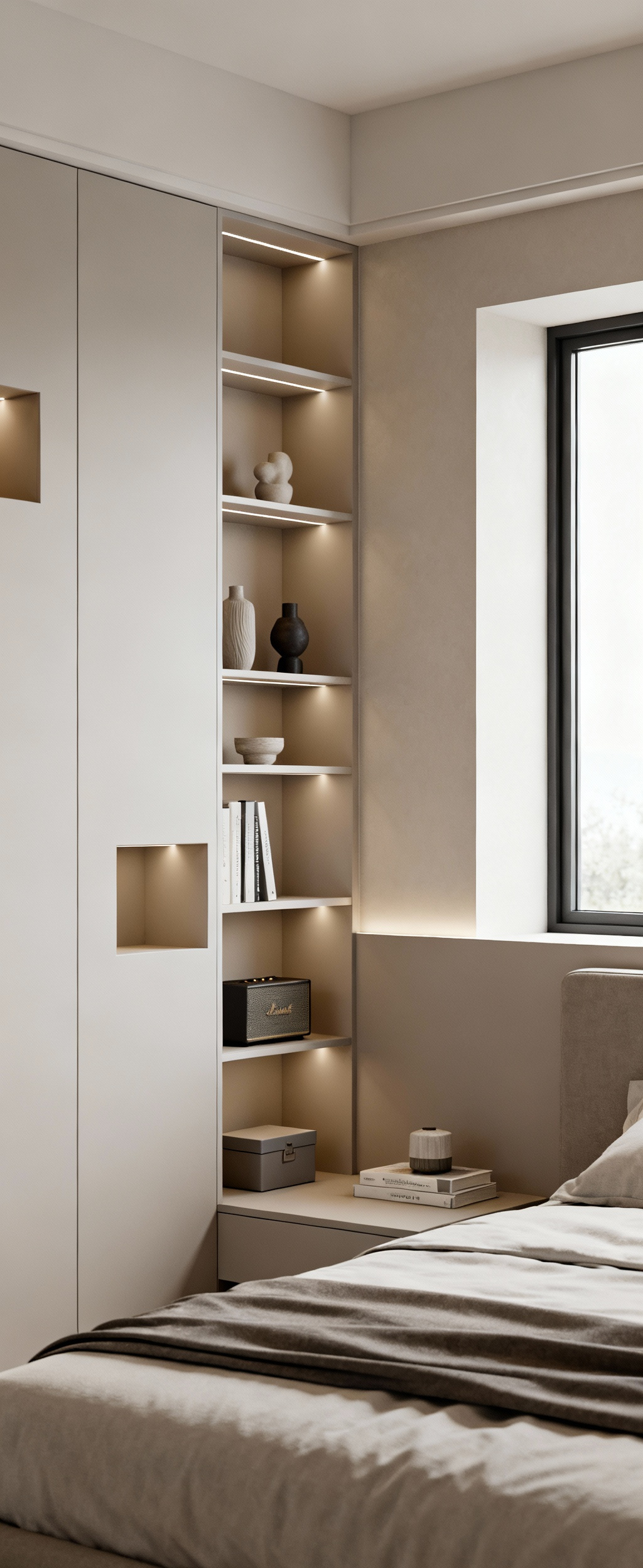 A stylish bedroom wall with mounted white shelving units and integrated cubbies, neatly organized with decorative items and books, showcasing vertical storage solutions.