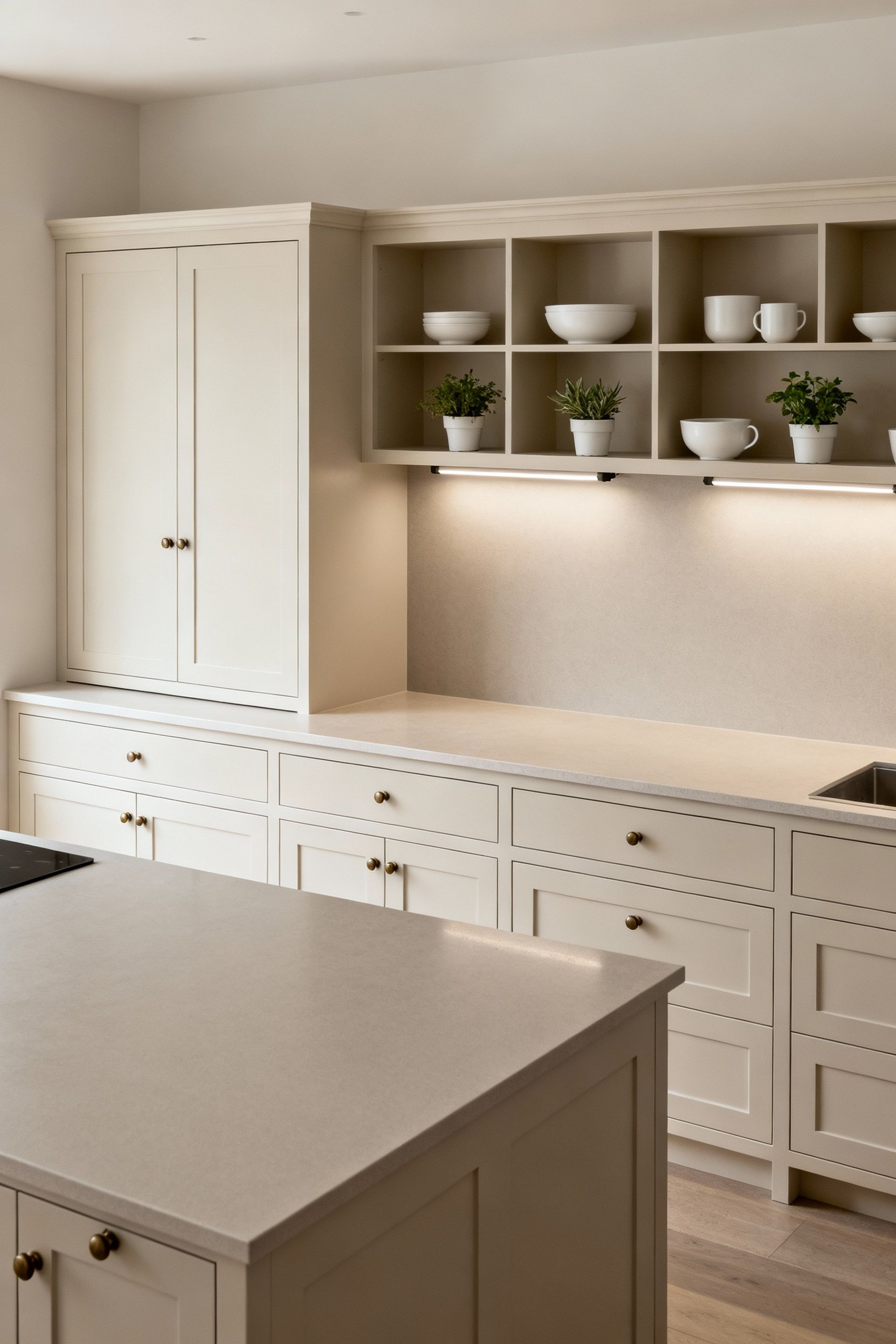 Kitchen with flexible design elements, neutral cabinets, movable island, open shelving, and adaptable lighting for future updates.