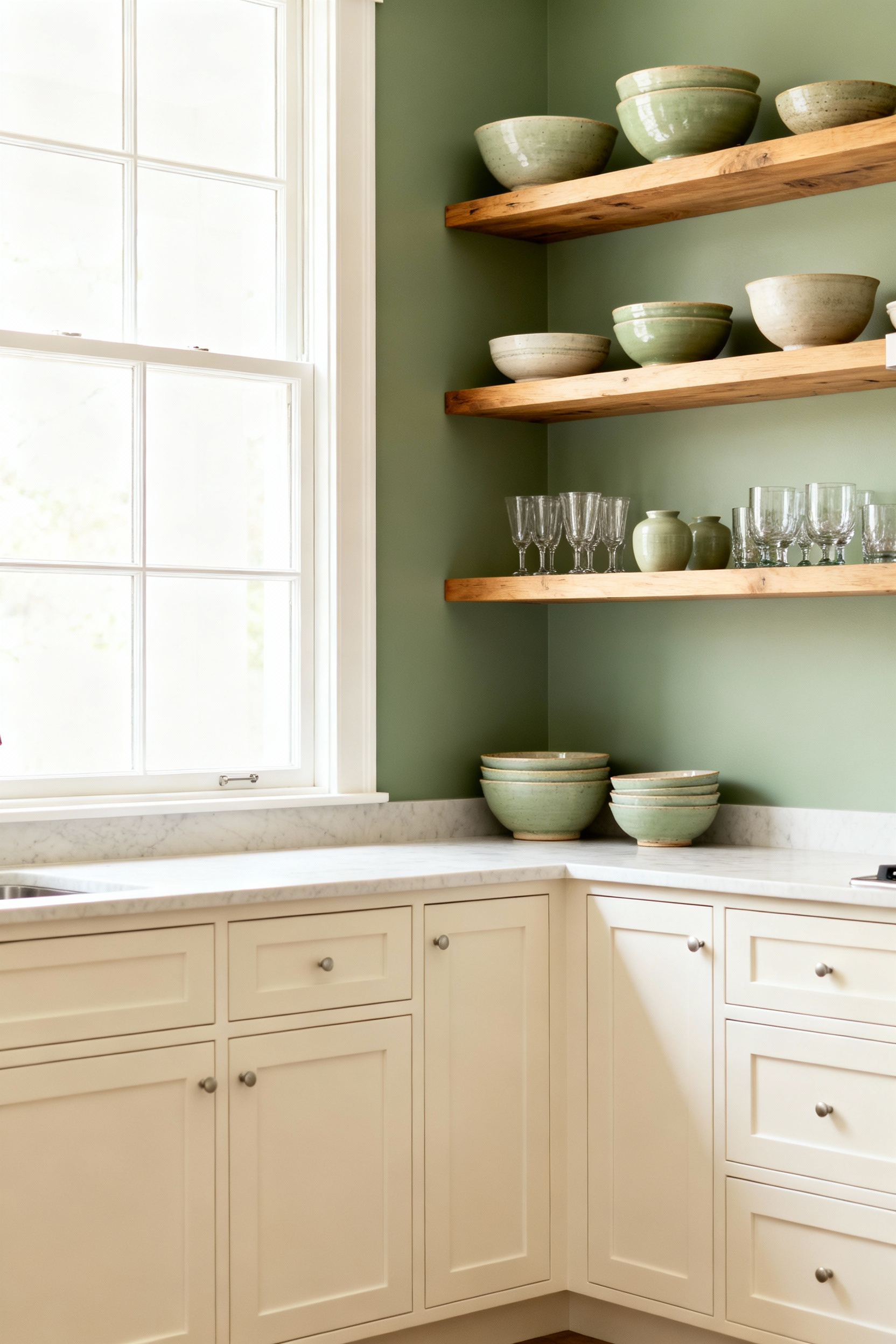 A modern kitchen with soft sage green walls, creamy off-white cabinets, and open shelves displaying coordinated earthy toned decor, highlighting a cohesive color palette.