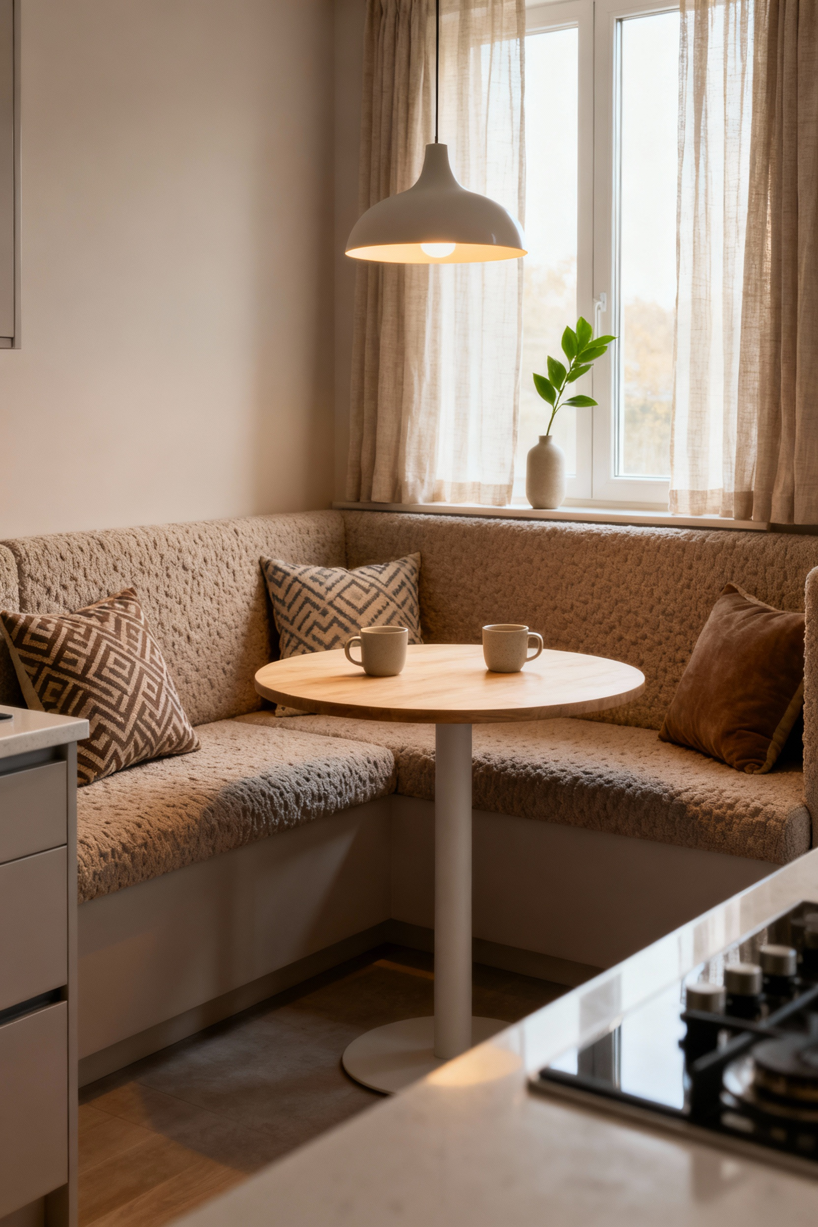 A charming, L-shaped breakfast nook with soft, upholstered banquette seating and decorative throw pillows, a small round wooden table, and a modern pendant light, bathed in warm natural light, designed for comfort and functionality.