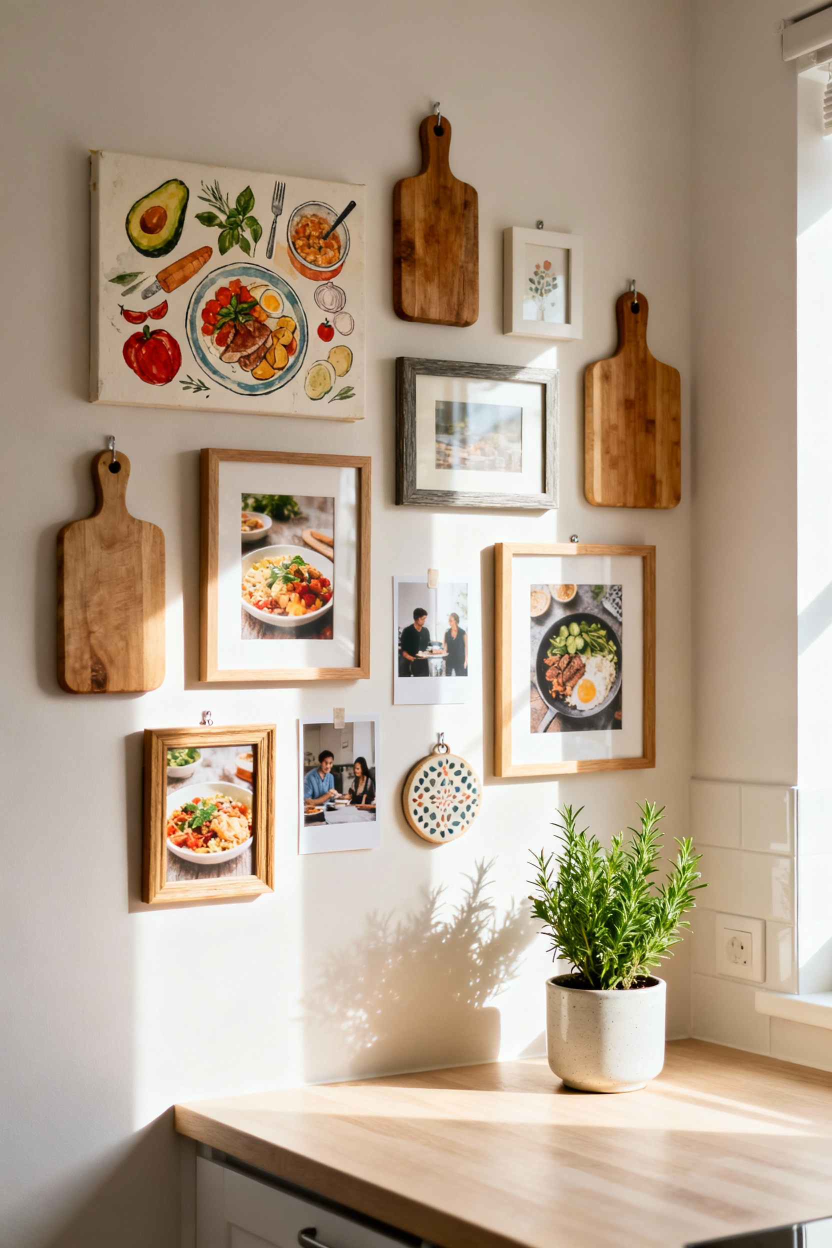 Chic apartment kitchen featuring a curated gallery wall with framed culinary art prints and personal photographs, demonstrating renter-friendly decor ideas.