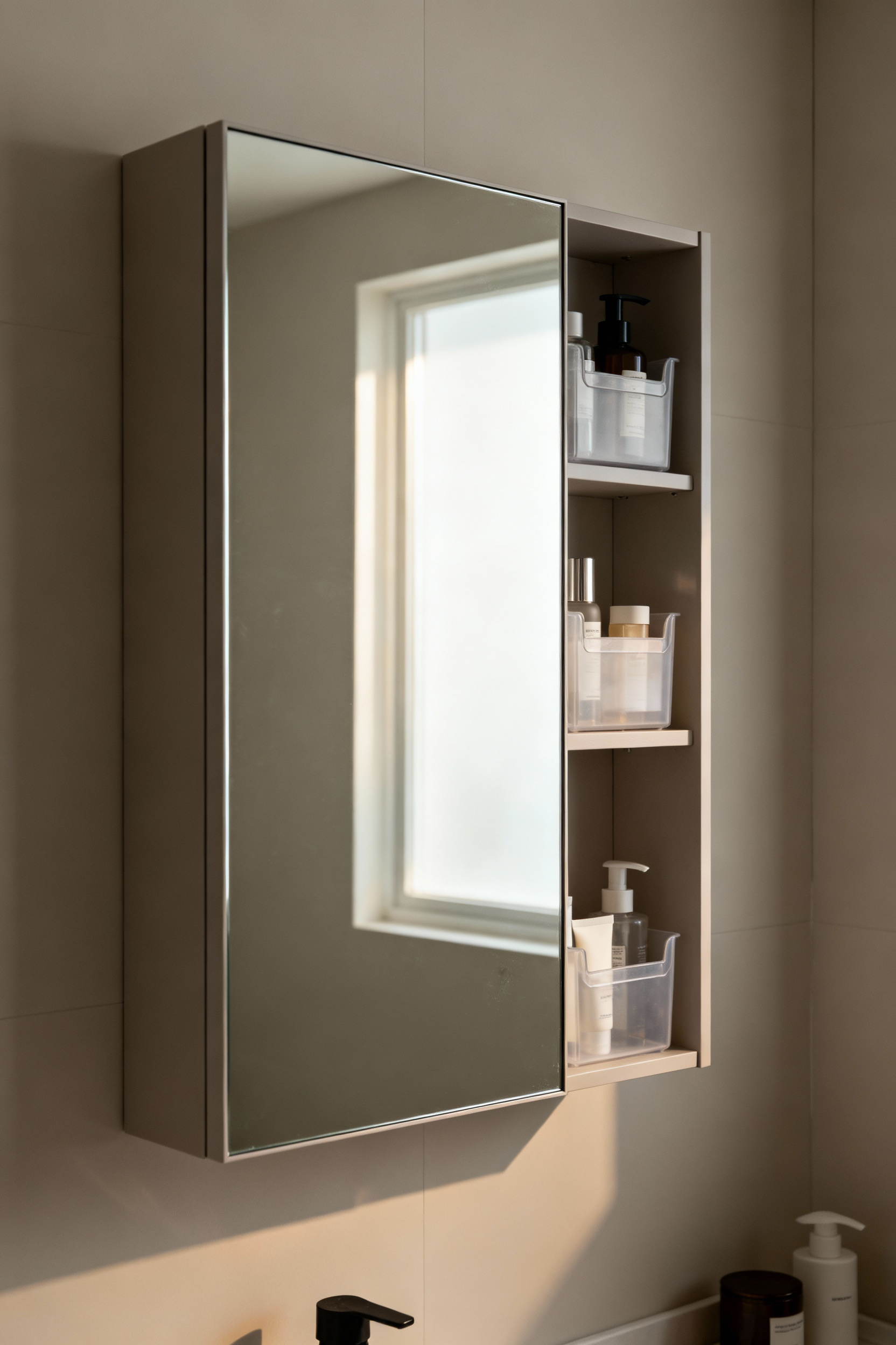 A sleek mirror-front medicine cabinet in a small, modern bathroom, reflecting soft light and subtly revealing an organized interior. Emphasizes concealed bathroom storage for small spaces.