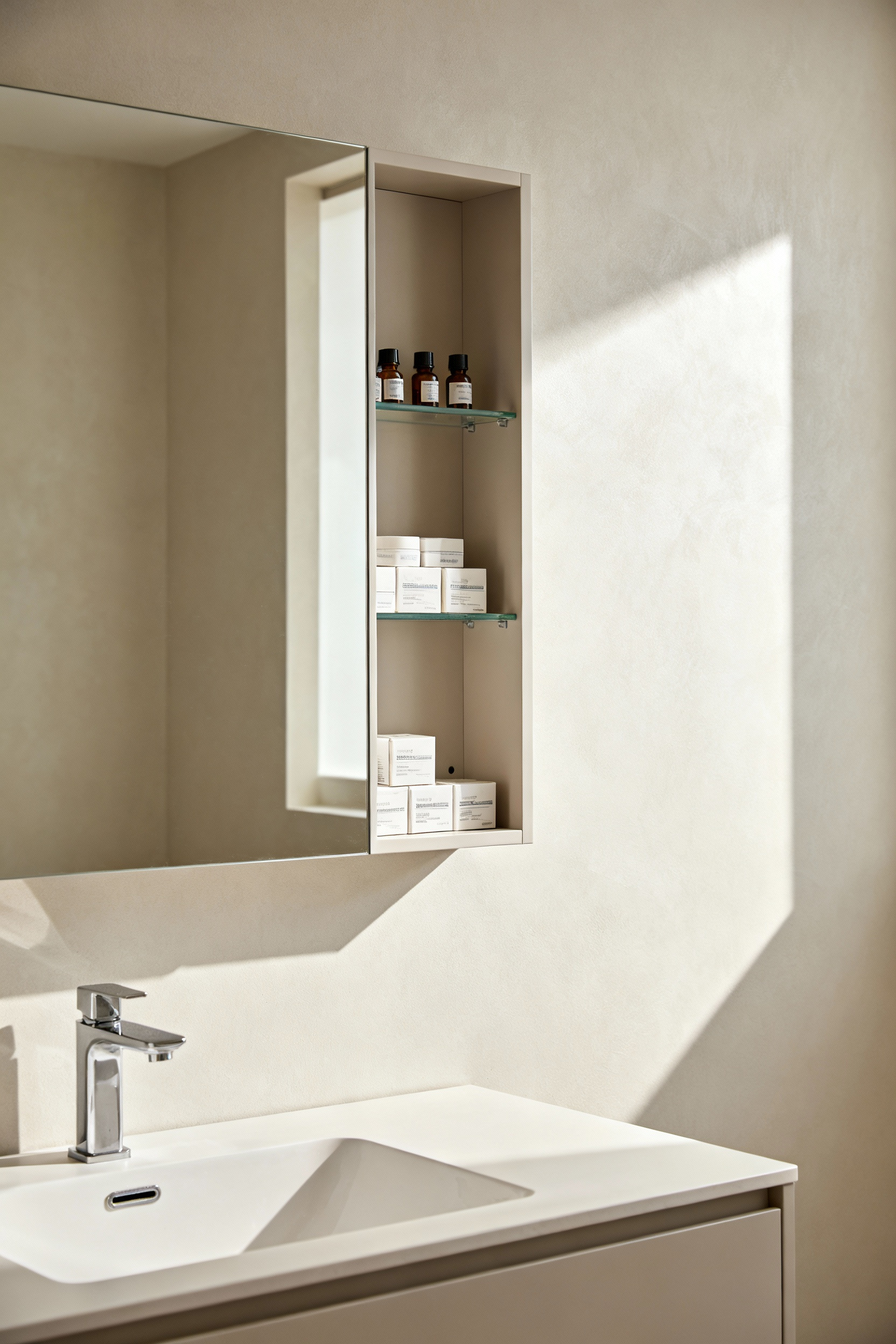 A sleek, white recessed medicine cabinet seamlessly integrated into a light-colored bathroom wall, slightly open to reveal neatly organized toiletries on adjustable shelves, maximizing concealed storage in a small, modern bathroom.