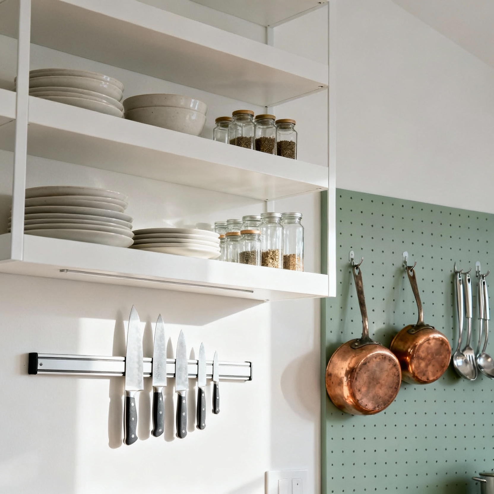 Well-organized small kitchen featuring extensive vertical storage, including open shelves with dishes, a magnetic knife strip, and a pegboard with hanging pots and pans.