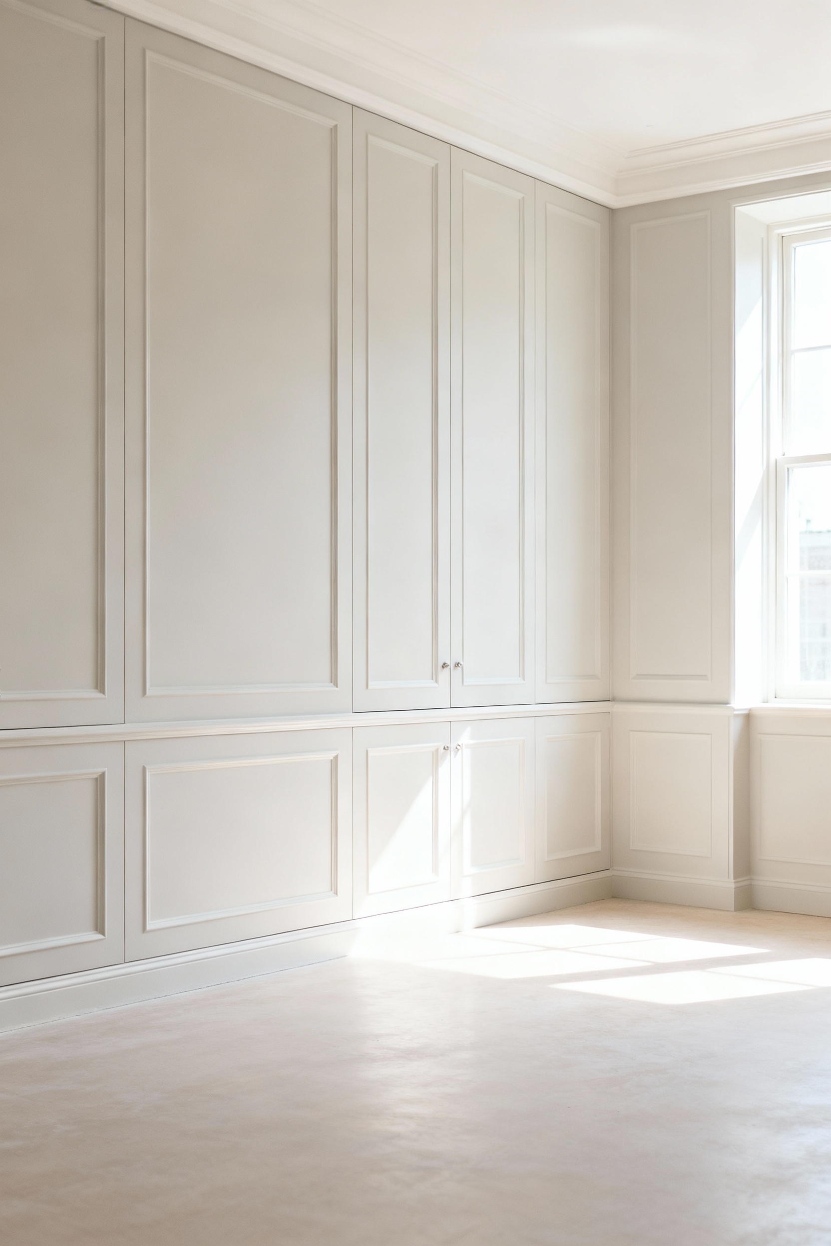 Small kitchen painted with bright, neutral off-white paint, making the space appear larger and more open, bathed in natural light.