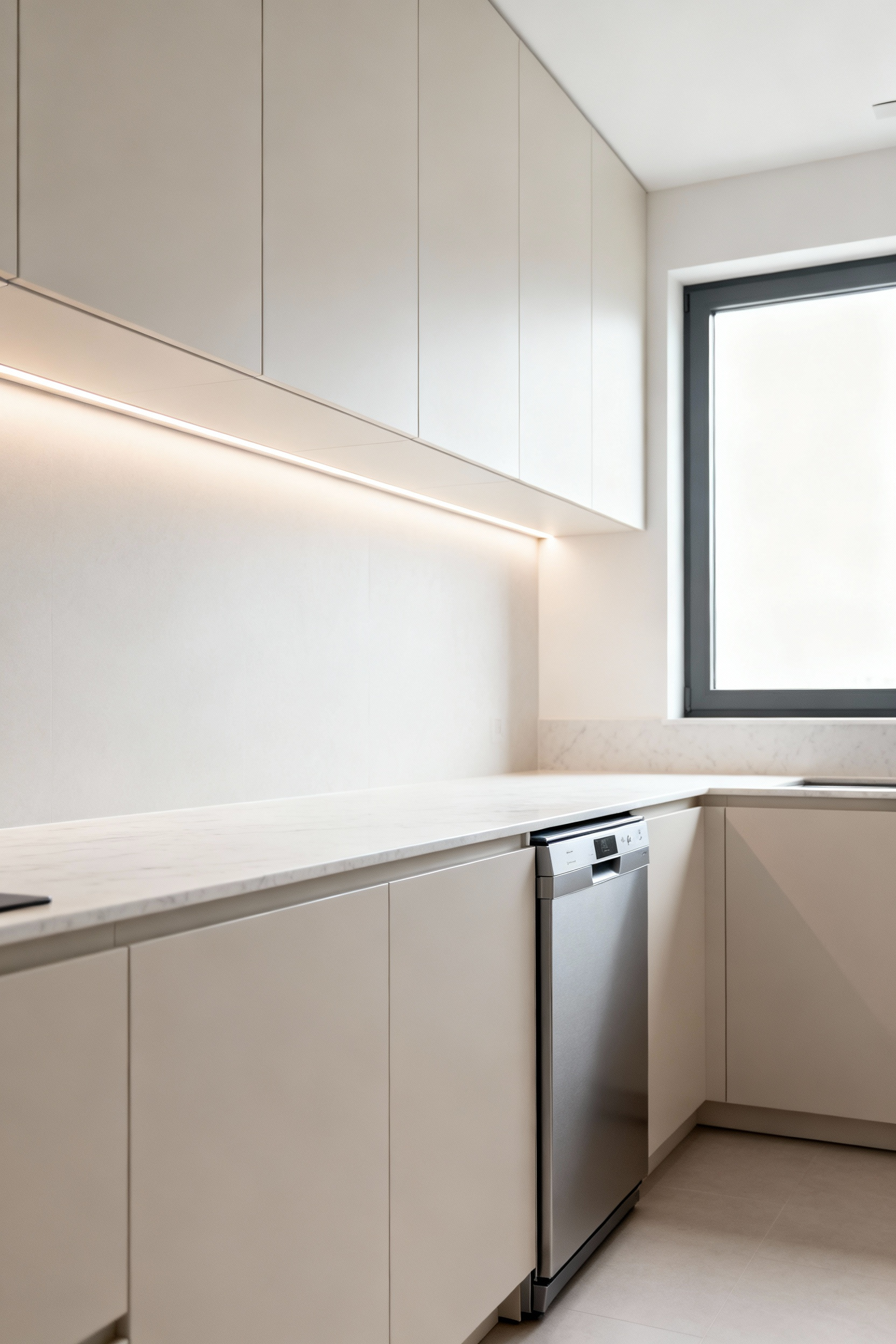 Small modern kitchen with white integrated appliances blending seamlessly into matching handleless cabinetry. The kitchen features sleek, minimalist design with no visual clutter, a quartz countertop, and subtle under-cabinet lighting.