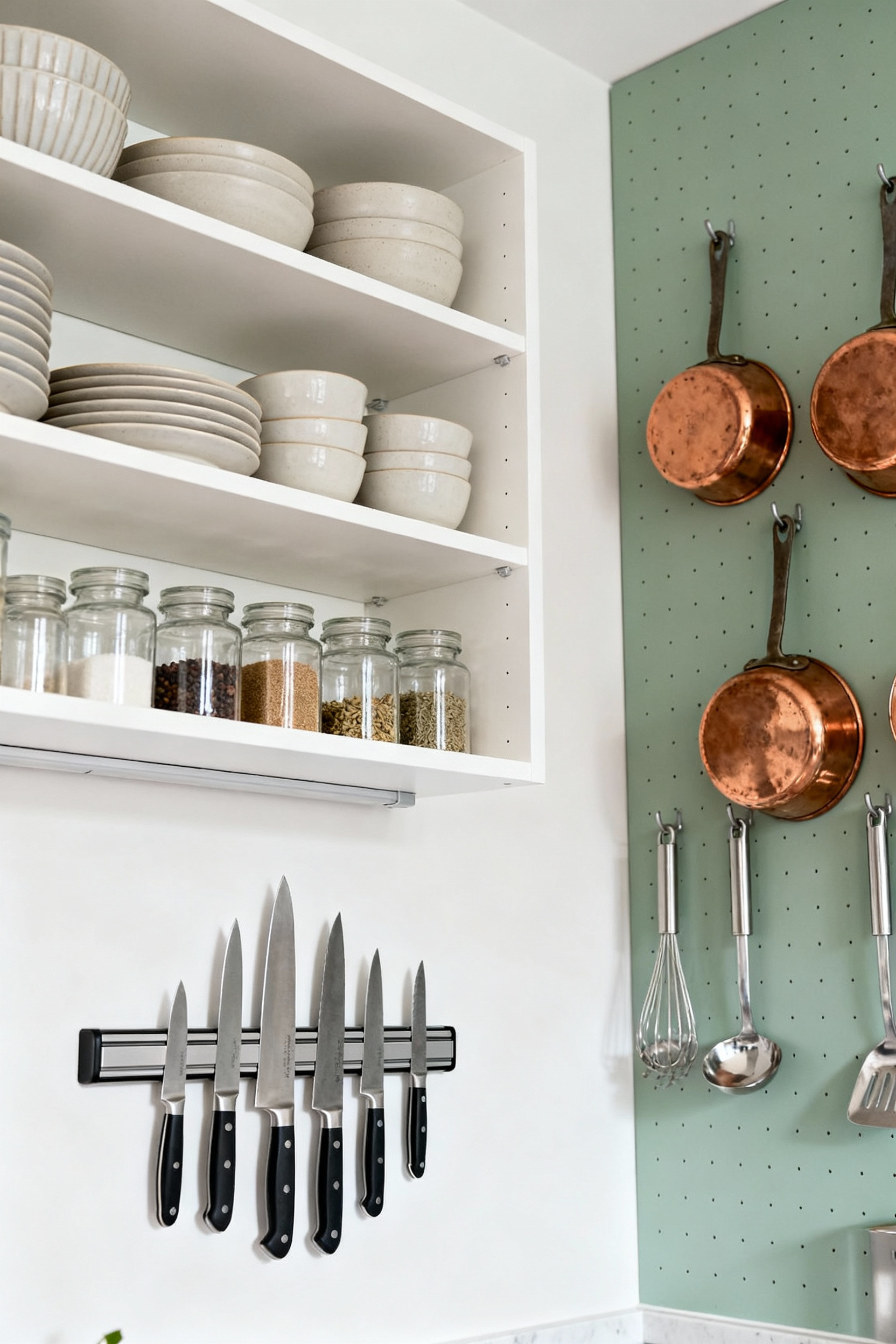 Well-organized small kitchen featuring extensive vertical storage, including open shelves with dishes, a <a href=