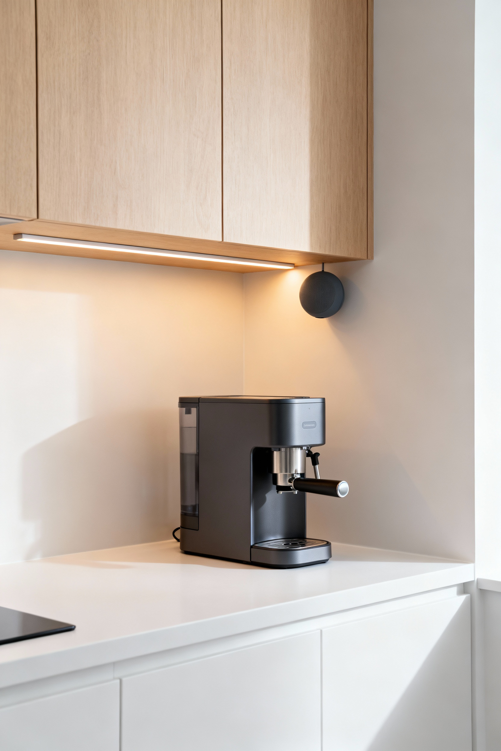 A minimalist small kitchen corner featuring a smart coffee maker, a discreet voice assistant speaker mounted under a cabinet, and integrated LED smart lighting, highlighting modern efficiency and an uncluttered design.