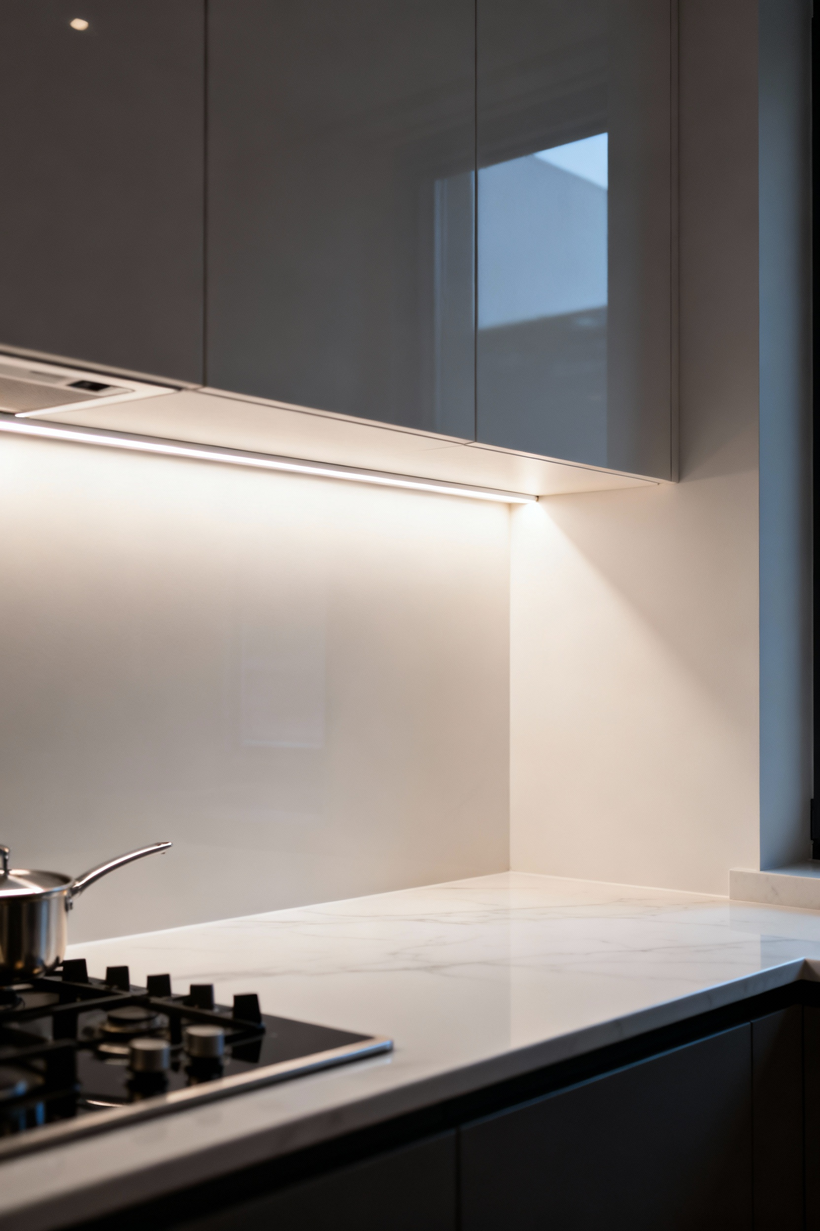 Modern small kitchen with warm LED undershelf lighting illuminating a white marble countertop and backsplash, showing bright task areas.