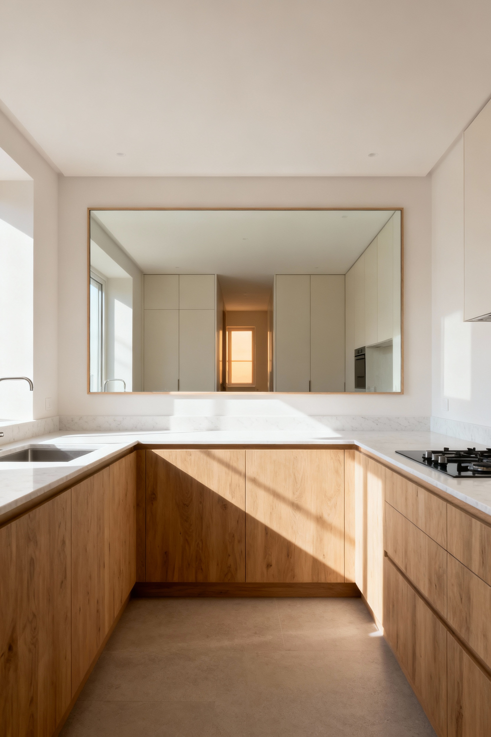 A bright, modern small kitchen with a large, strategically placed frameless mirror reflecting natural light and an illusion of more space, enhancing the room's depth and brightness.