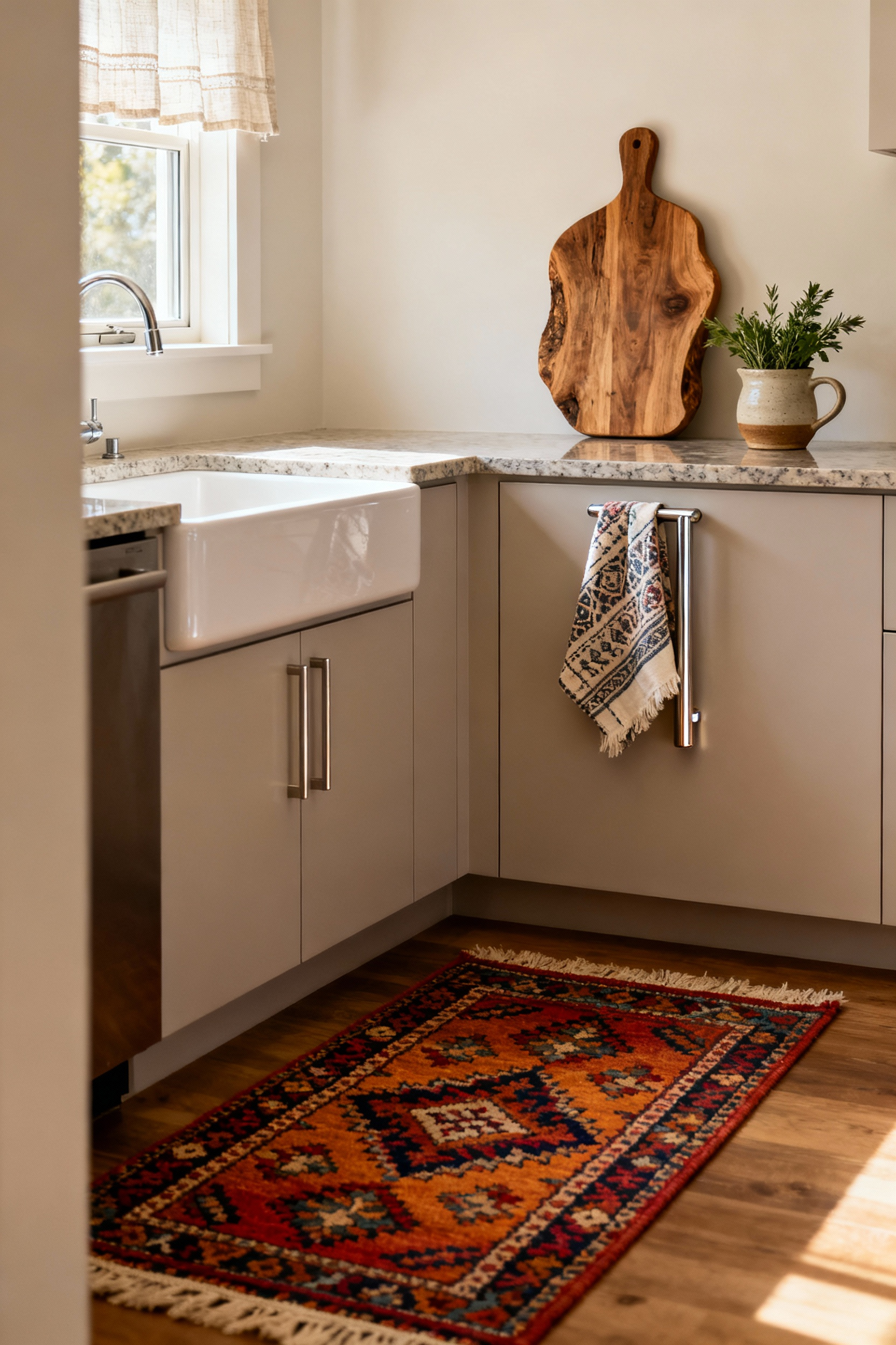 A cozy small kitchen featuring a patterned runner rug, a linen caf A crisp, patterned tea towel is casually draped over a gleaming stainless steel handle on a sleek, handleless cabinet. On the polished quartz countertop, a rustic, organically shaped wooden cutting board leans against the wall next to a hand-thrown ceramic mug holding fresh herbs, creating a rich tactile contrast. The overall scene exudes character and thoughtful design, emphasizing warmth and depth through material choices, with no visible people or text.