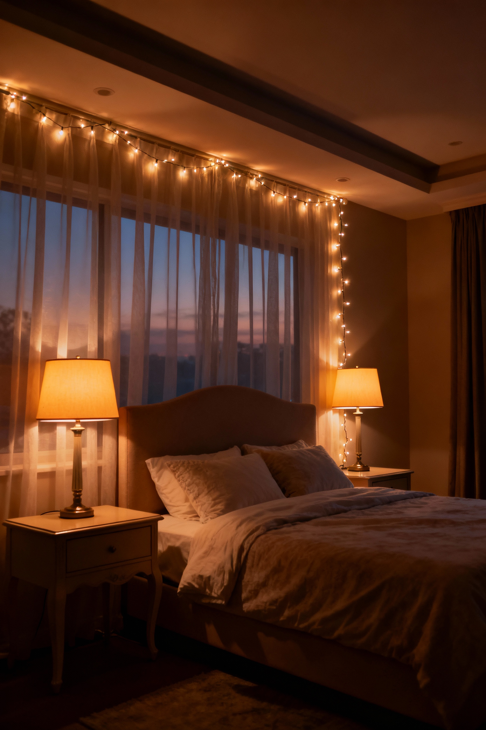 A beautifully lit bedroom interior showcasing layered ambient, task, and accent lighting with warm tones, creating a cozy and functional sanctuary.