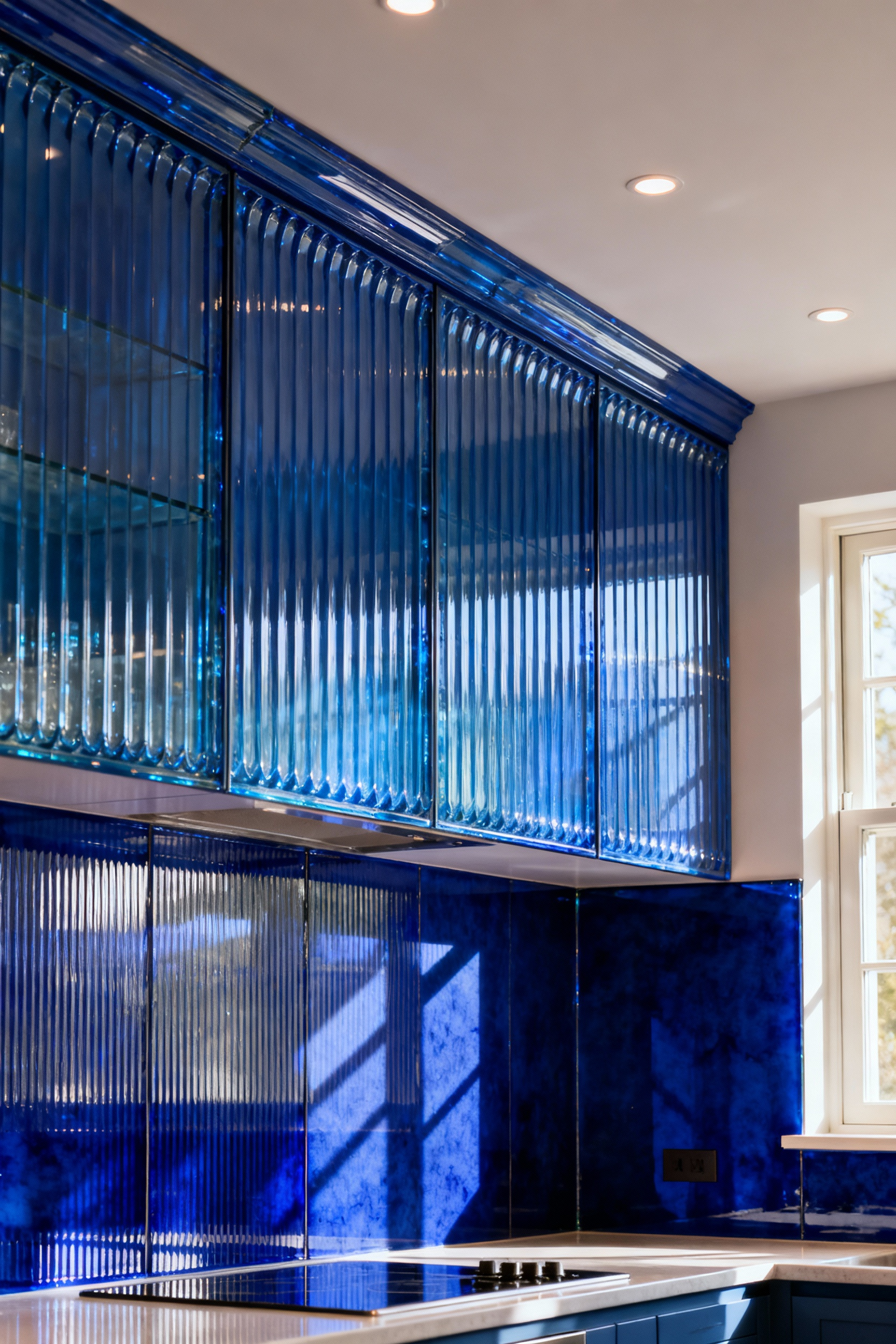 Luxurious blue kitchen featuring fluted architectural glass upper cabinetry and a deep sapphire back-painted glass splashback, diffusing natural light and enhancing spatial depth.