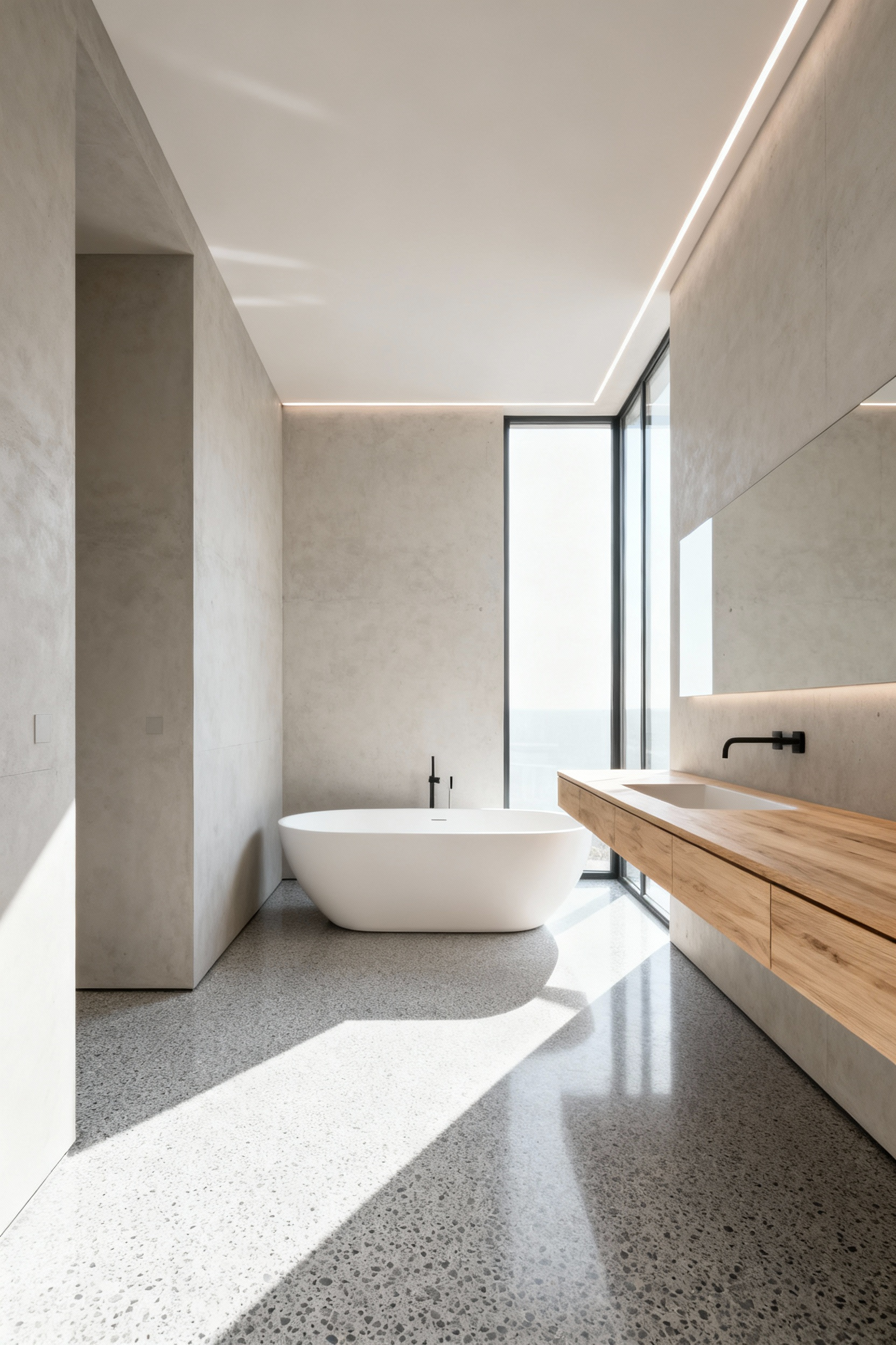 A wide-angle view of a minimalist modern architectural bathroom sanctuary featuring a freestanding tub, polished concrete walls, and large windows emphasizing structural spatial logic and calm.