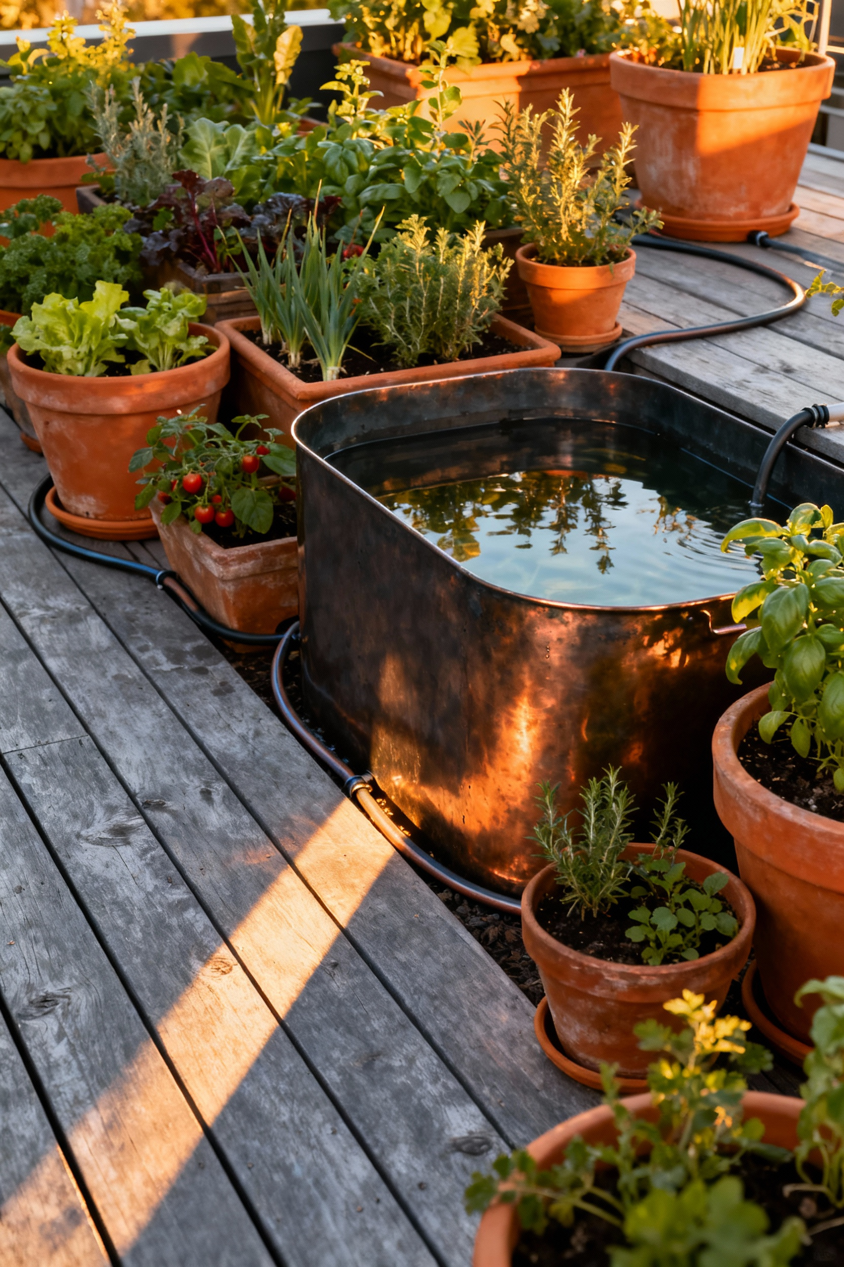 A photograph of a lush balcony garden featuring a stylish copper reservoir used for collecting greywater and passive irrigation strategies.
