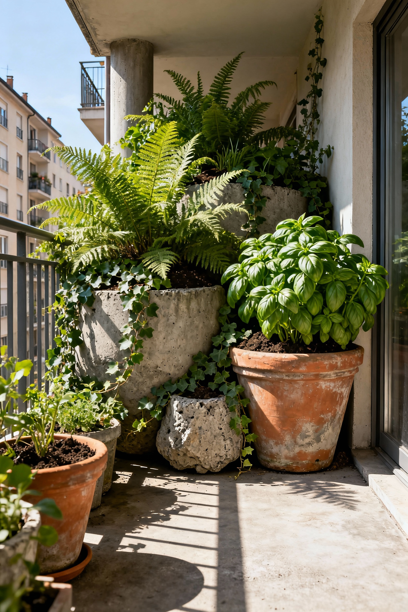 A wide-angle view of a heavily loaded residential balcony with dense clusters of large, weighty terra cotta and concrete planters, illustrating the structural stress from saturated soil.