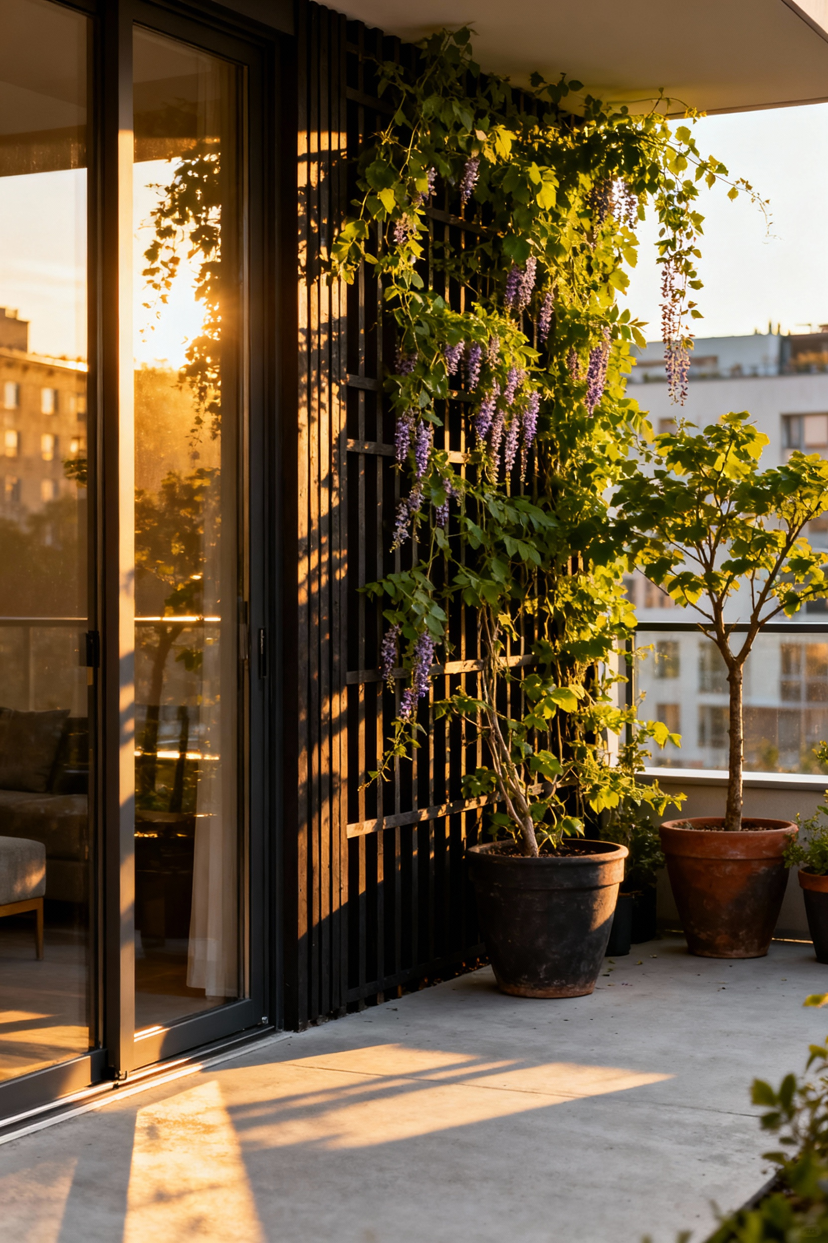 Strategically positioned vertical vine trellis on a sunny balcony casting deep shade onto the interior glass doors to reduce solar heat gain and lower energy costs.