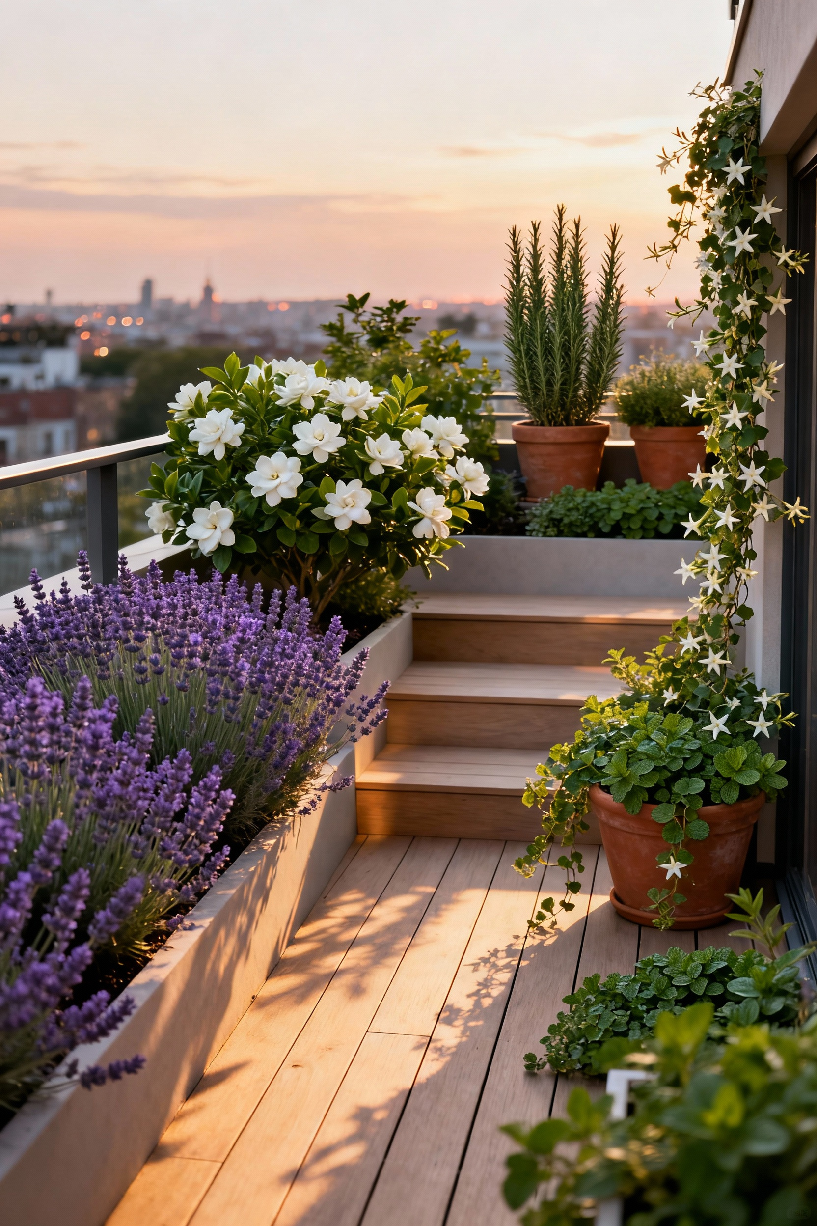 A luxurious, intentional balcony garden featuring tiered planters of Lavender, Gardenia, and Basil, designed for stress reduction and psychological restoration through curated fragrance profiles.
