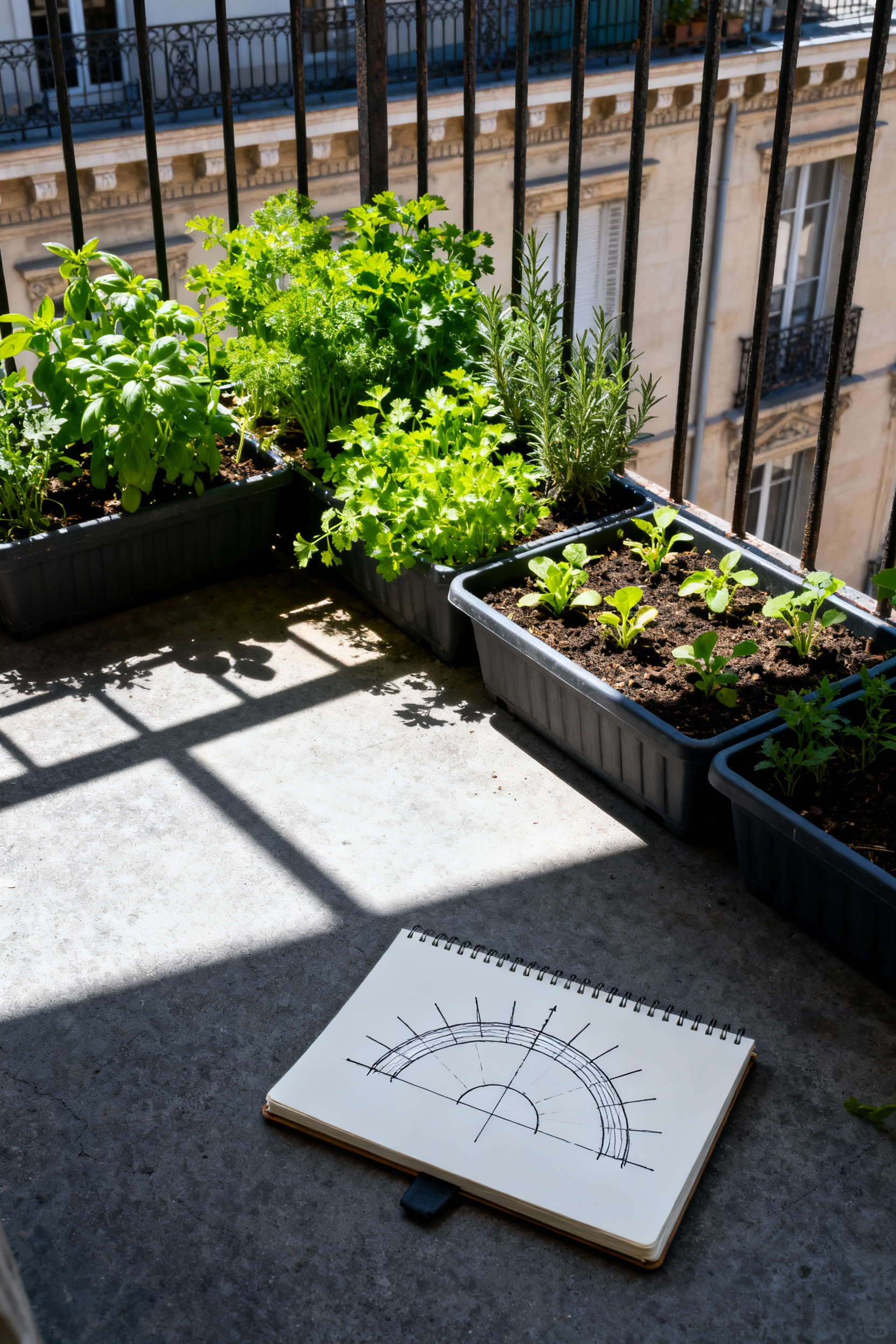 A photograph of an urban balcony garden at mid-morning showing strong, directional shadows cast across the container plants and floor. An open notebook displays a hand-drawn diagram illustrating the precise solar mapping and shadow lines of the specific microclimate.