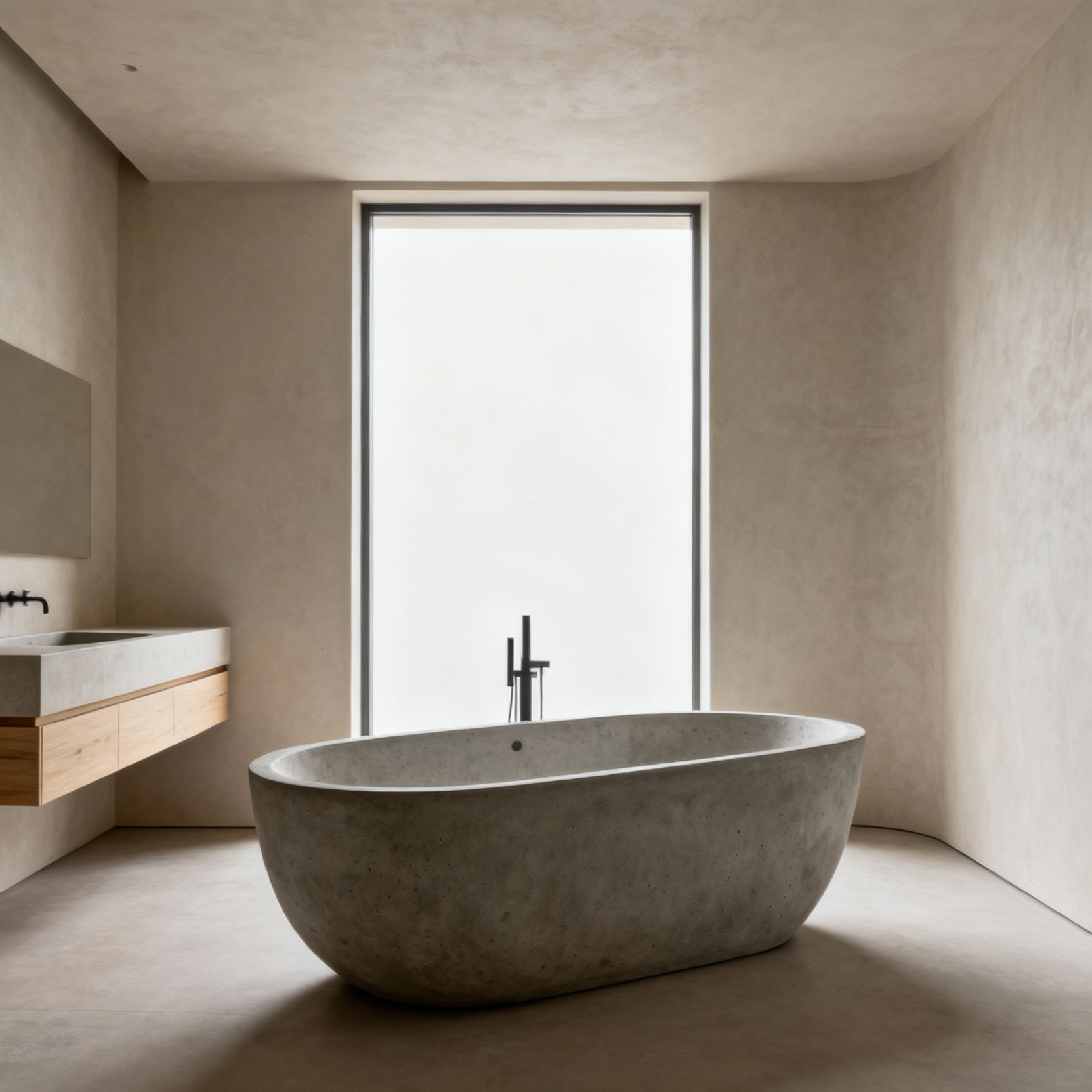 Luxurious bathroom with a perfectly proportioned concrete bathtub and elegant oak vanities, showcasing harmonious design and strategic fixture selection for a serene aesthetic.