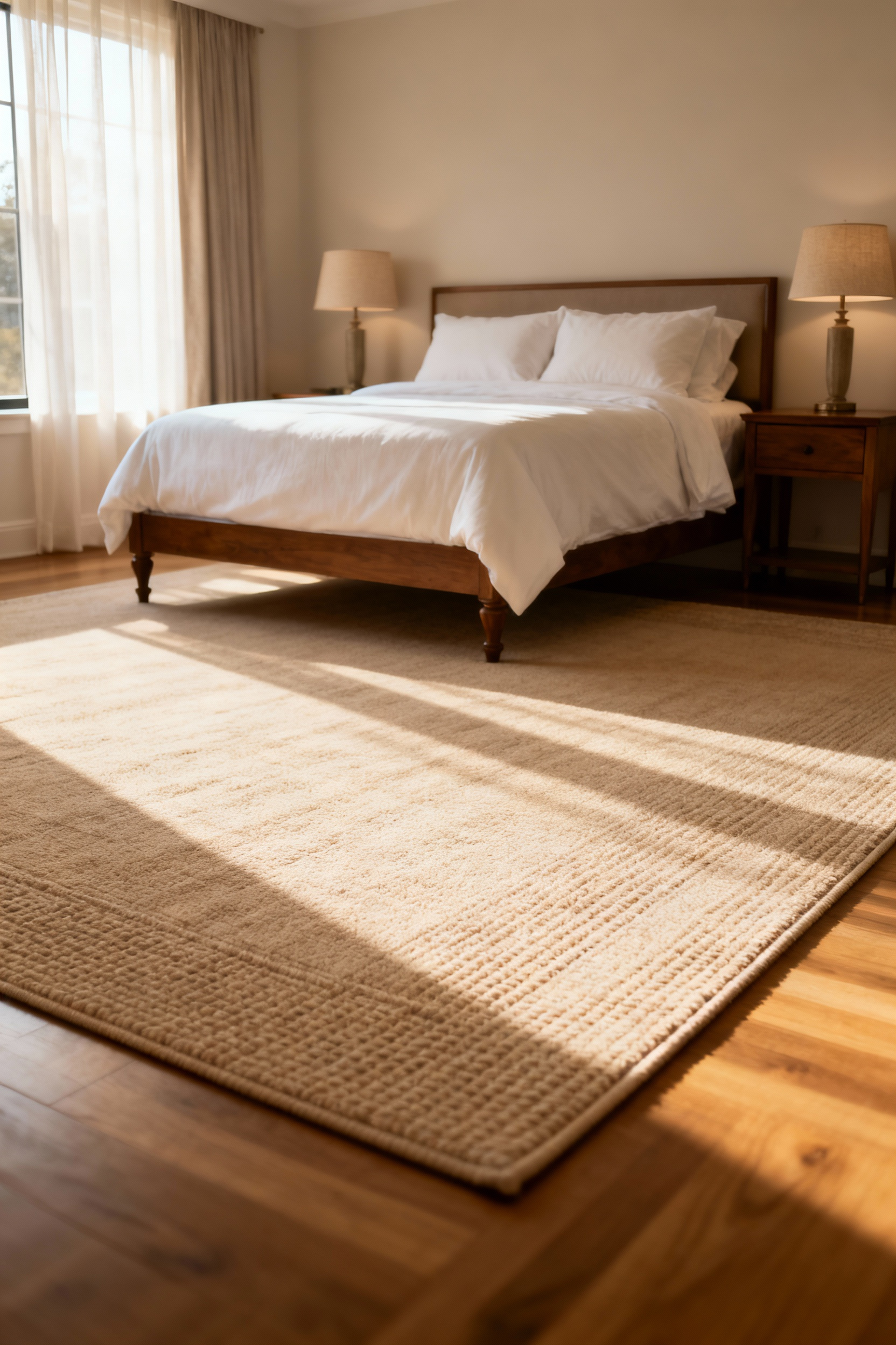 A professional photograph showcasing a cozy bedroom interior with a large, plush bedroom area rug anchoring the design. The rug extends significantly beyond the bed, adding warmth, texture, and defining the sleeping zone.