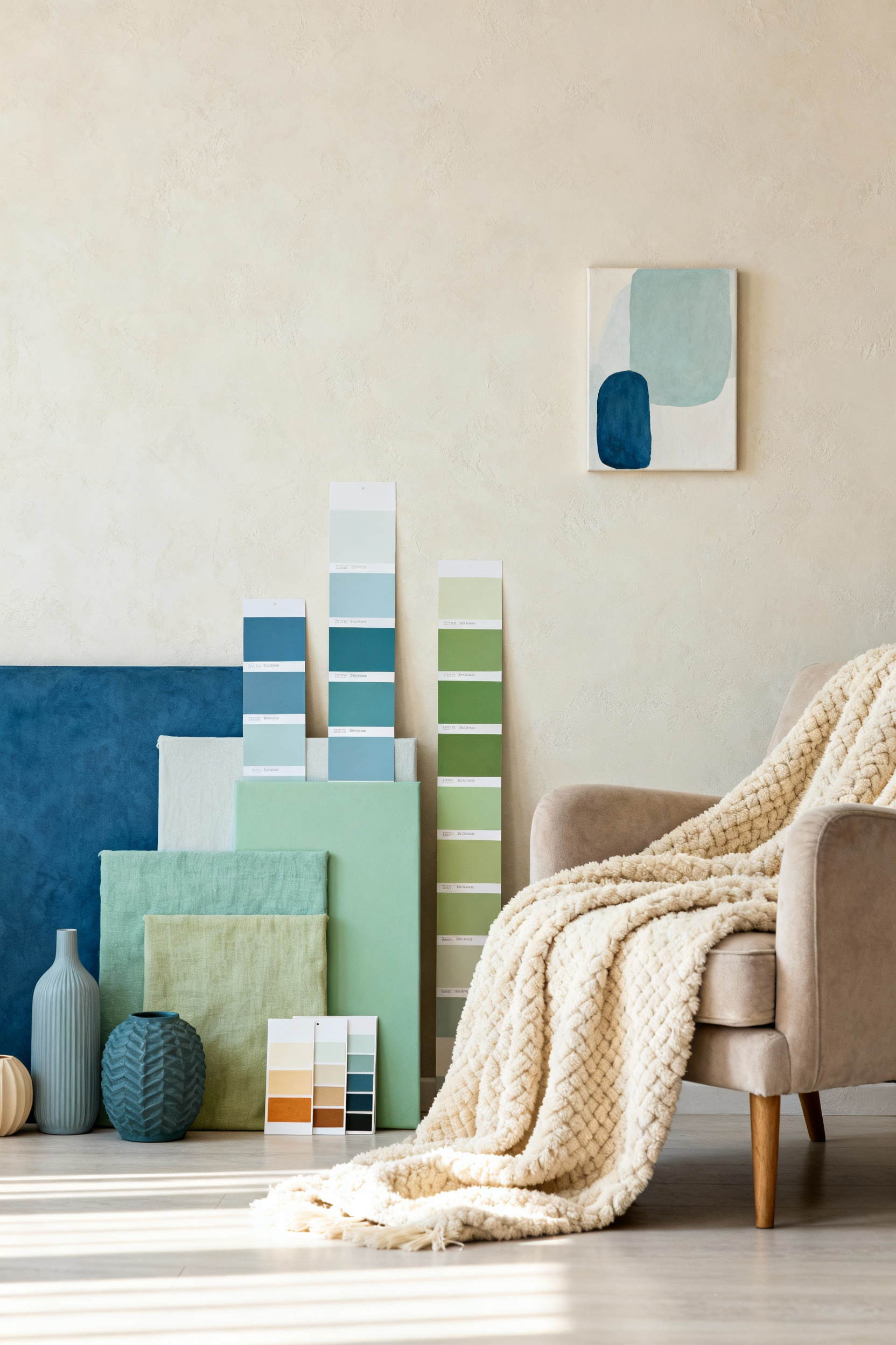 A beautifully designed bedroom interior featuring a tranquil color palette of soft blues, greens, and warm creams, with paint swatches and fabric samples thoughtfully displayed, evoking a serene and dream-like mood.