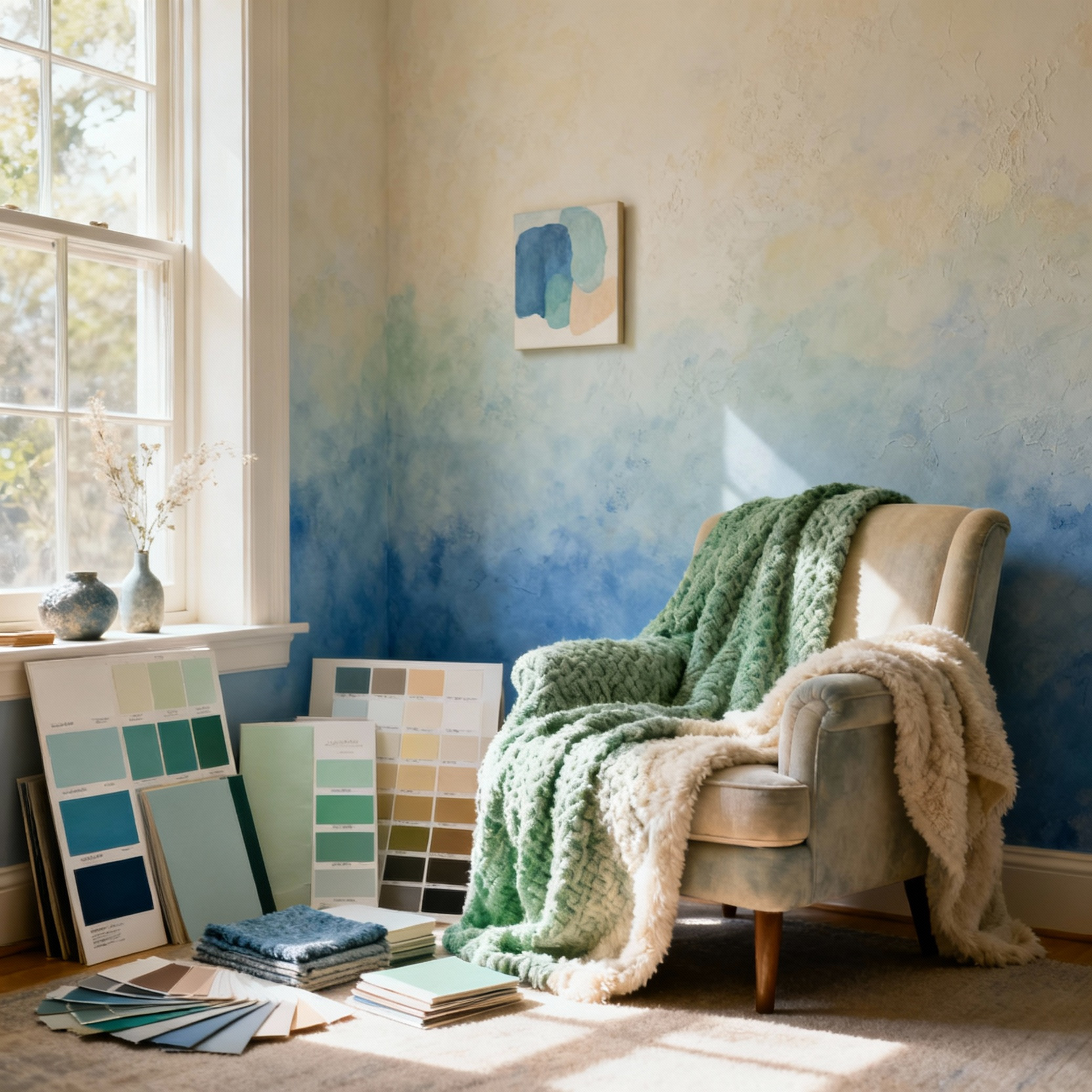 A beautifully designed bedroom interior featuring a tranquil color palette of soft blues, greens, and warm creams, with paint swatches and fabric samples thoughtfully displayed, evoking a serene and dream-like mood.