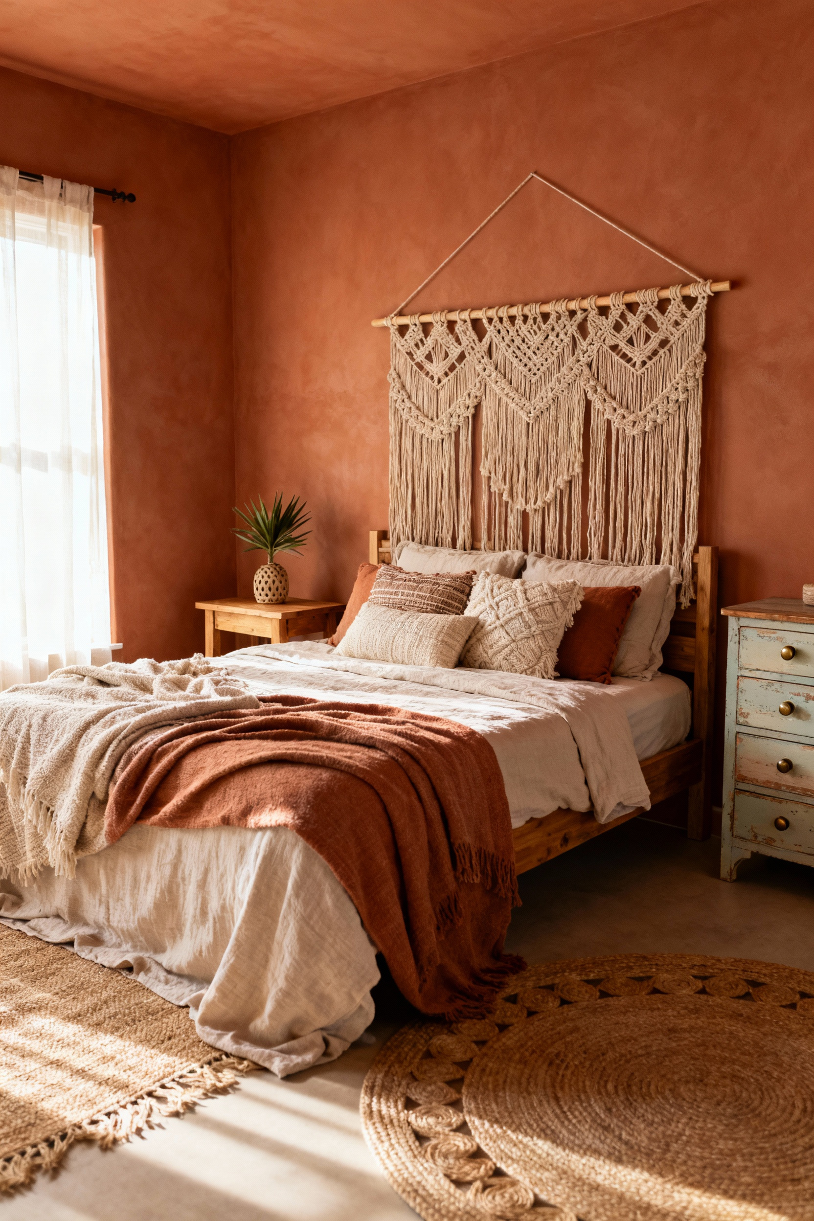 A consistently themed Modern Bohemian bedroom with earthy tones, a macrame headboard, wooden furniture, and textiles, reflecting a cohesive 'Bedroom Design Theme'.