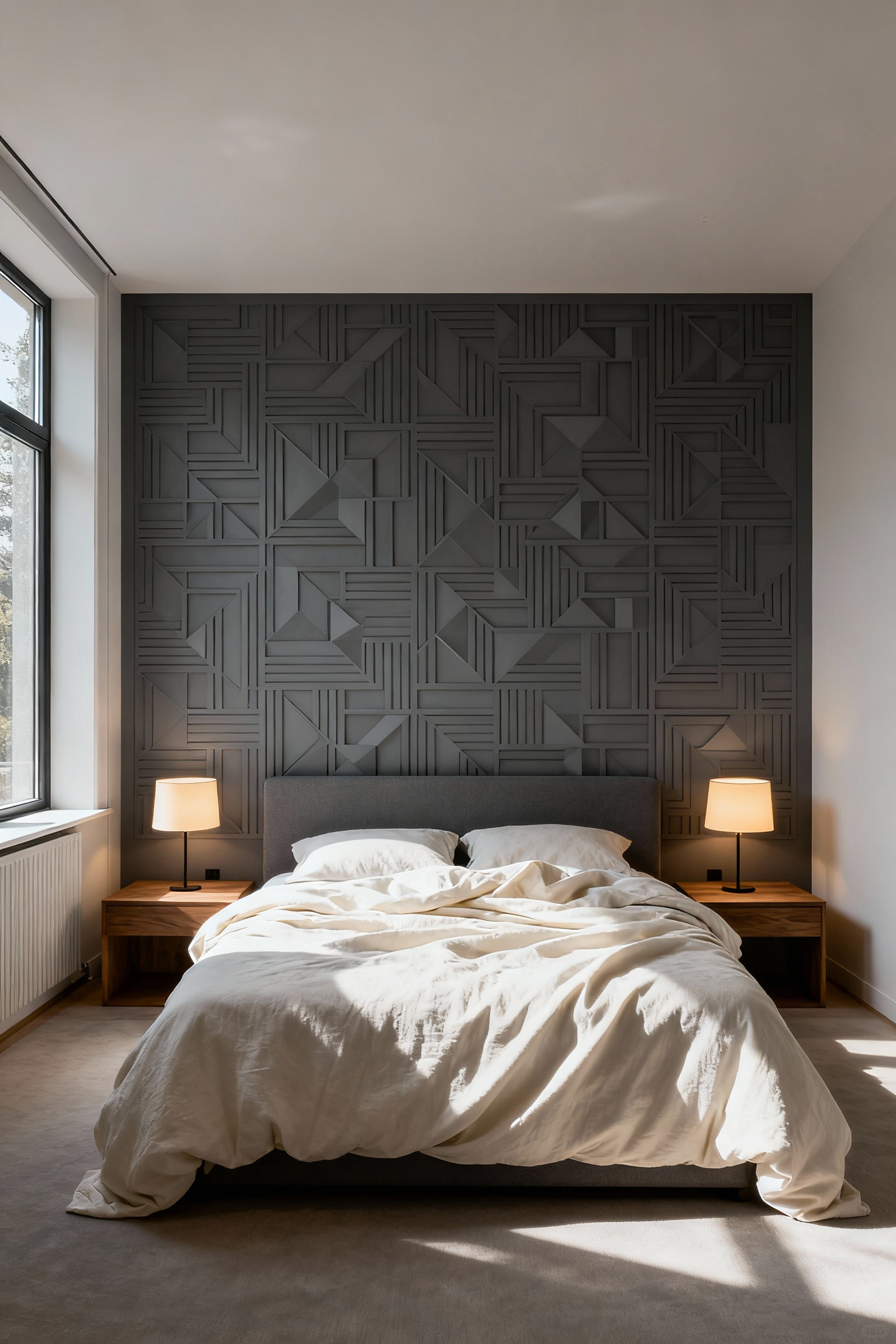 A beautifully designed bedroom featuring a stylish geometric patterned wallpaper on the accent wall behind the bed.