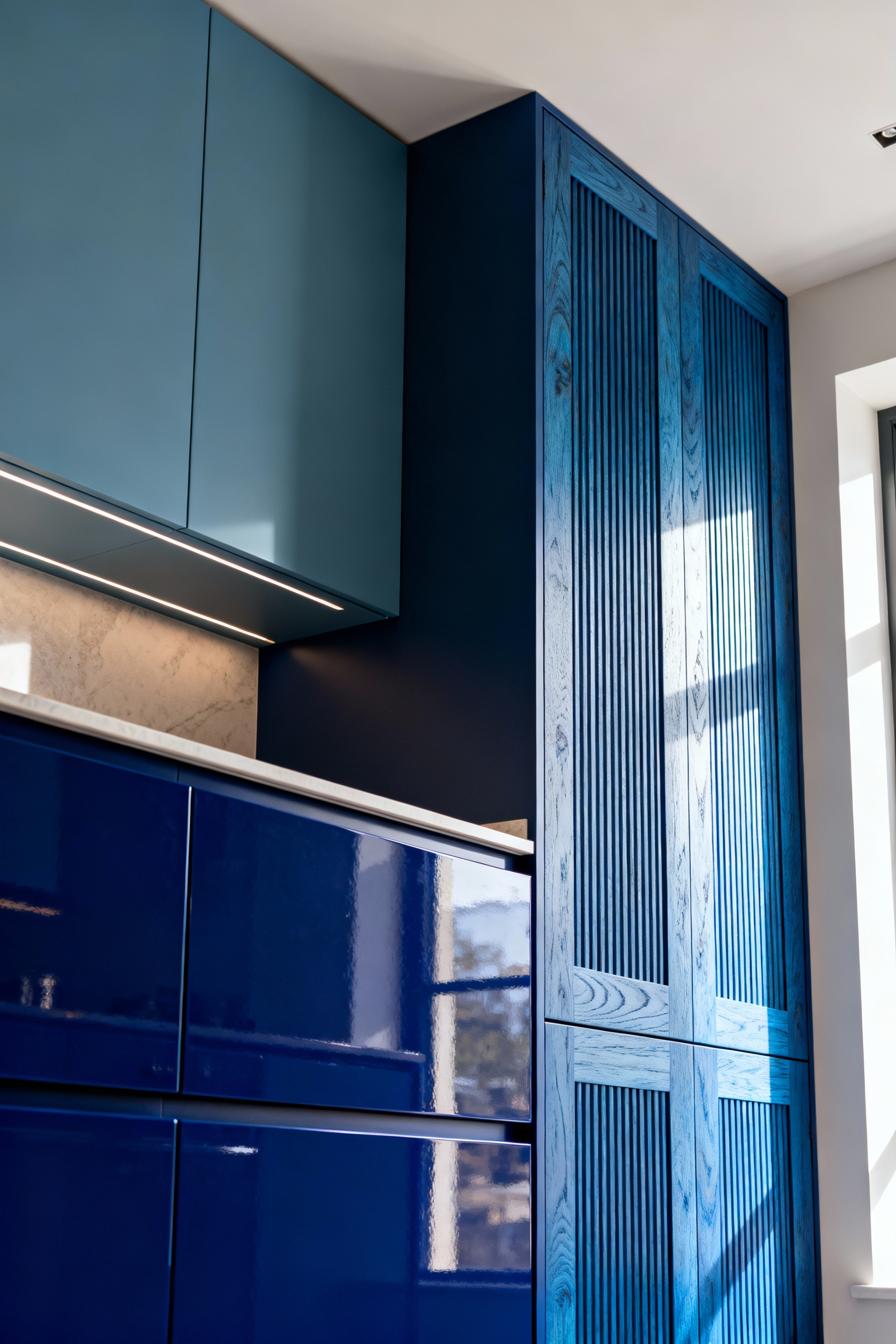 Luxurious blue kitchen cabinetry with layered finishes: deep royal blue high-gloss lacquer base cabinets, matte cadet blue upper cabinets, and blue-stained fluted timber pantry doors. Emphasizes bespoke design and textural interplay.