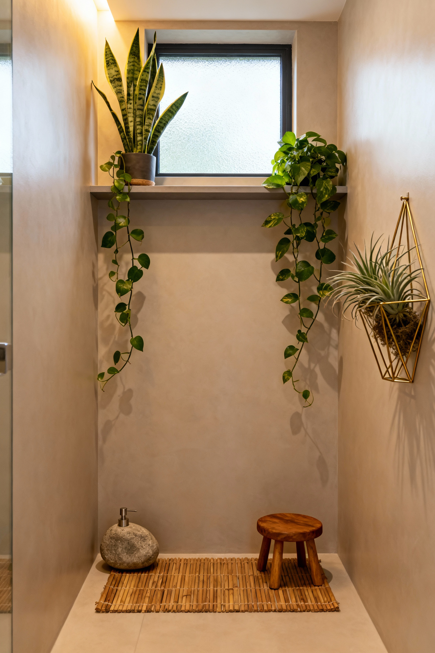 A small, modern bathroom with biophilic design elements. It features humidity-loving plants on floating shelves and in wall-mounted planters, a bamboo bath mat, and a stone soap dispenser, creating a serene and clutter-free natural aesthetic. Bright natural light illuminates the space.