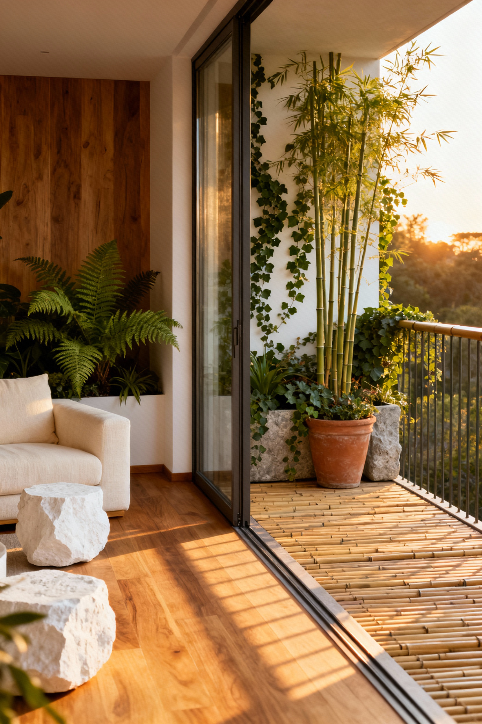A stunning photograph showing biophilic design coherence between an indoor living room and an outdoor balcony, featuring continuous light wood flooring, floor-to-ceiling glass doors, and dense, vibrant balcony planting in terracotta pots.