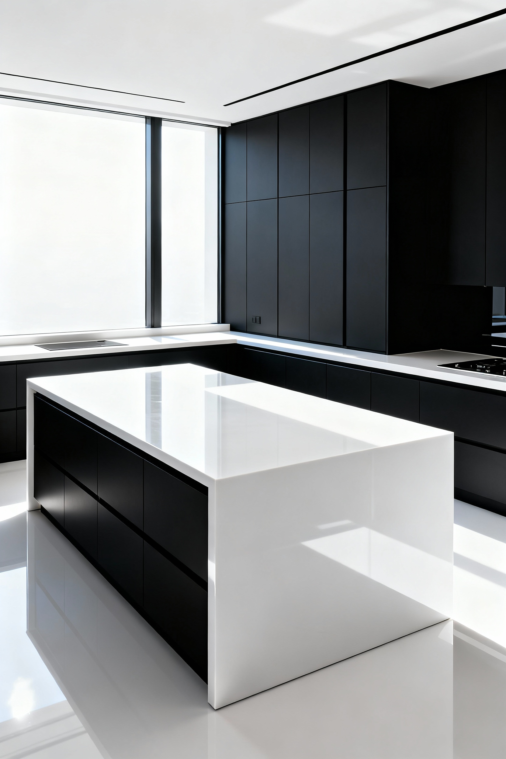 Architectural photo of a modern kitchen featuring matte black cabinets contrasted sharply with highly reflective pure white engineered quartz countertops, maximizing light reflection.