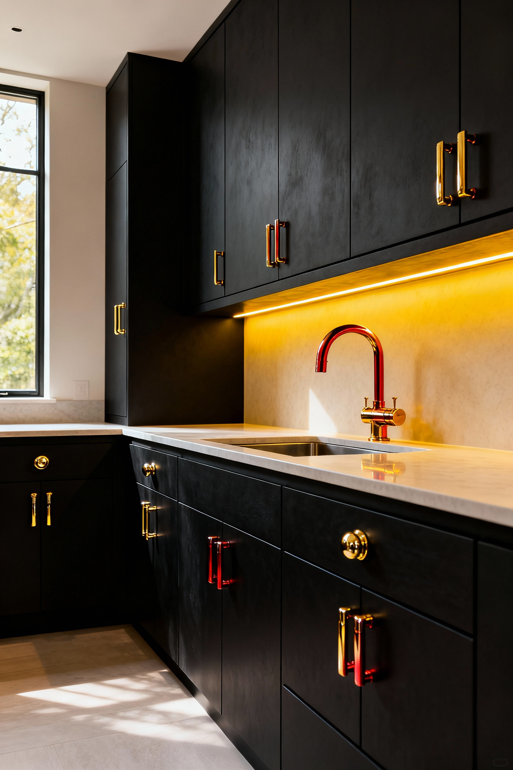 A luxurious modern kitchen featuring extensive matte black cabinetry sharply contrasted by highly polished brass bar pulls and bronze hardware that reflect warm light against the cool, dark surface.