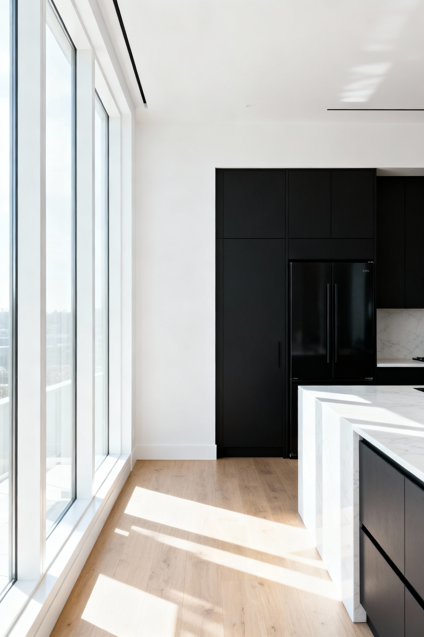 A modern kitchen featuring matte black slab cabinets positioned to maximize natural light from large vertical windows. The tall pantry unit is placed perpendicular to the window wall, demonstrating optimal natural light optimization techniques.