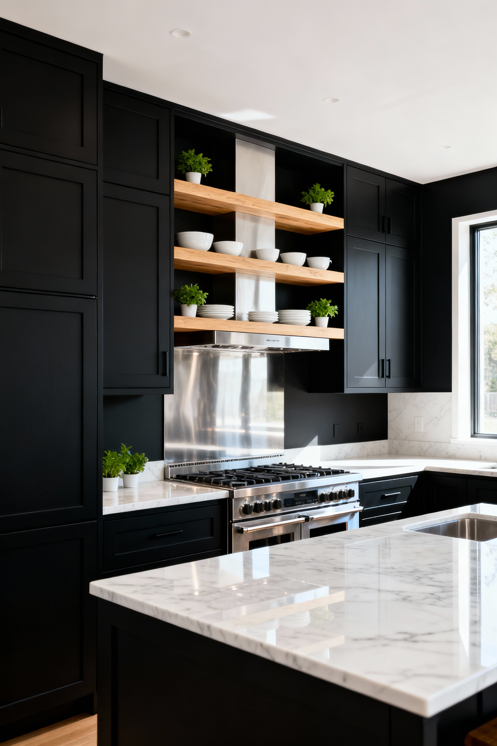 Modern kitchen design showcasing extensive matte black cabinets contrasted by light natural oak open shelving positioned above a stainless steel range to visually lighten the space and provide spatial relief.